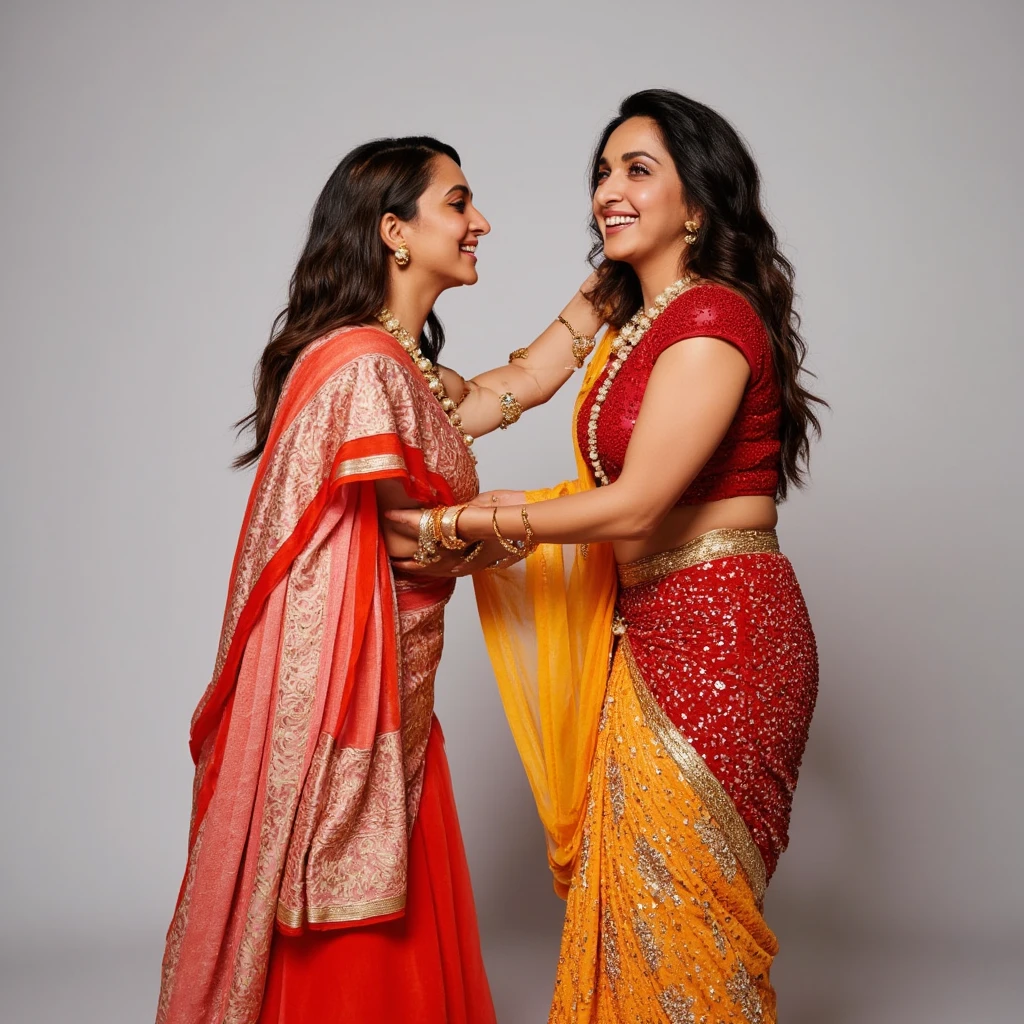 Create a realistic photograph of a smiling and beautiful indian actress in maroon satin carrying a large stout man on her shoulders in a room, man is sitting on top of her shoulders , man on top, woman at bottom , woman is wearing black gloves
