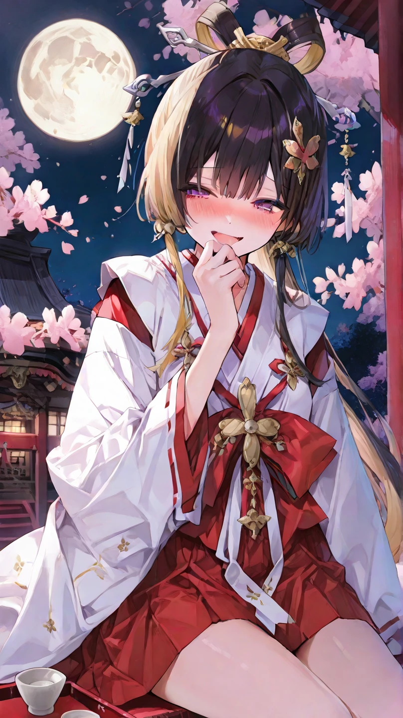 (1girl, solo:1.3), black hair,
 ponytail Hair , 
Silver accessories, Purple eyes
, Shrine maiden, sitting,
,I have sake , 
night,  full moon,   gold hair ornament ,  cherry blossoms in full bloom,  
without characters, 
 red ribbon,
laughing,  ashamed, 
 cherry blossom background, 