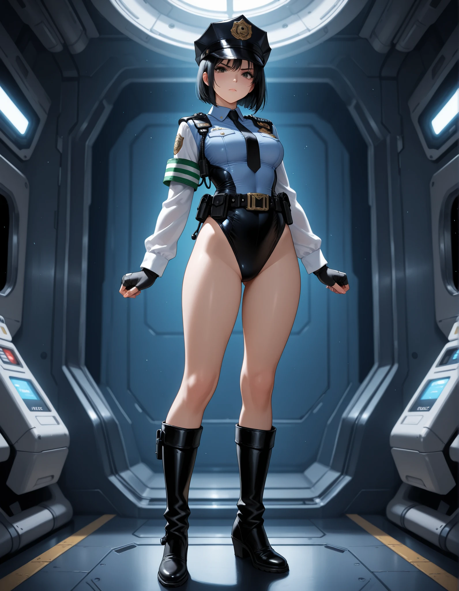 (masterpiece),( best quality), 1girl, pilot, leotard, bare legs, boots, solo, solo focus, sleeveless, hands on hip, standing, full body shot