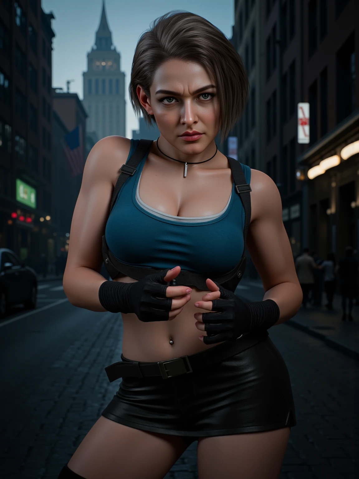 (1girl), ((torn combat clothing, bullet vest with open zipper, holding gun, tactical glasses, short shorts: 1.4)), ((large breasts, round breasts: 1.2)), ((chest accentuated, wide hips, belly, narrow waist, curved waist: 1.2)), ((thin and thin waist, slender and thin belly: 1.2)), modern hairstyle, hair with colored highlights, purple highlights in the hair, ((smug face)), ((tattoo: 1,1)), masterpiece, best quality, realistic, ultra high resolution, depth of field, (two-color neon lighting: 1,2), (detailed face: 1.2), (detailed eyes: 1.2), (detailed background: 1.2), (city, action sequences, cinematic lighting, city storm: 1.2) (masterpiece: 1.2), (ultra detailed ), (best quality), complex and comprehensive cinematic, magical photography, (gradients), colorful and detailed landscape, visual key, glowing skin,