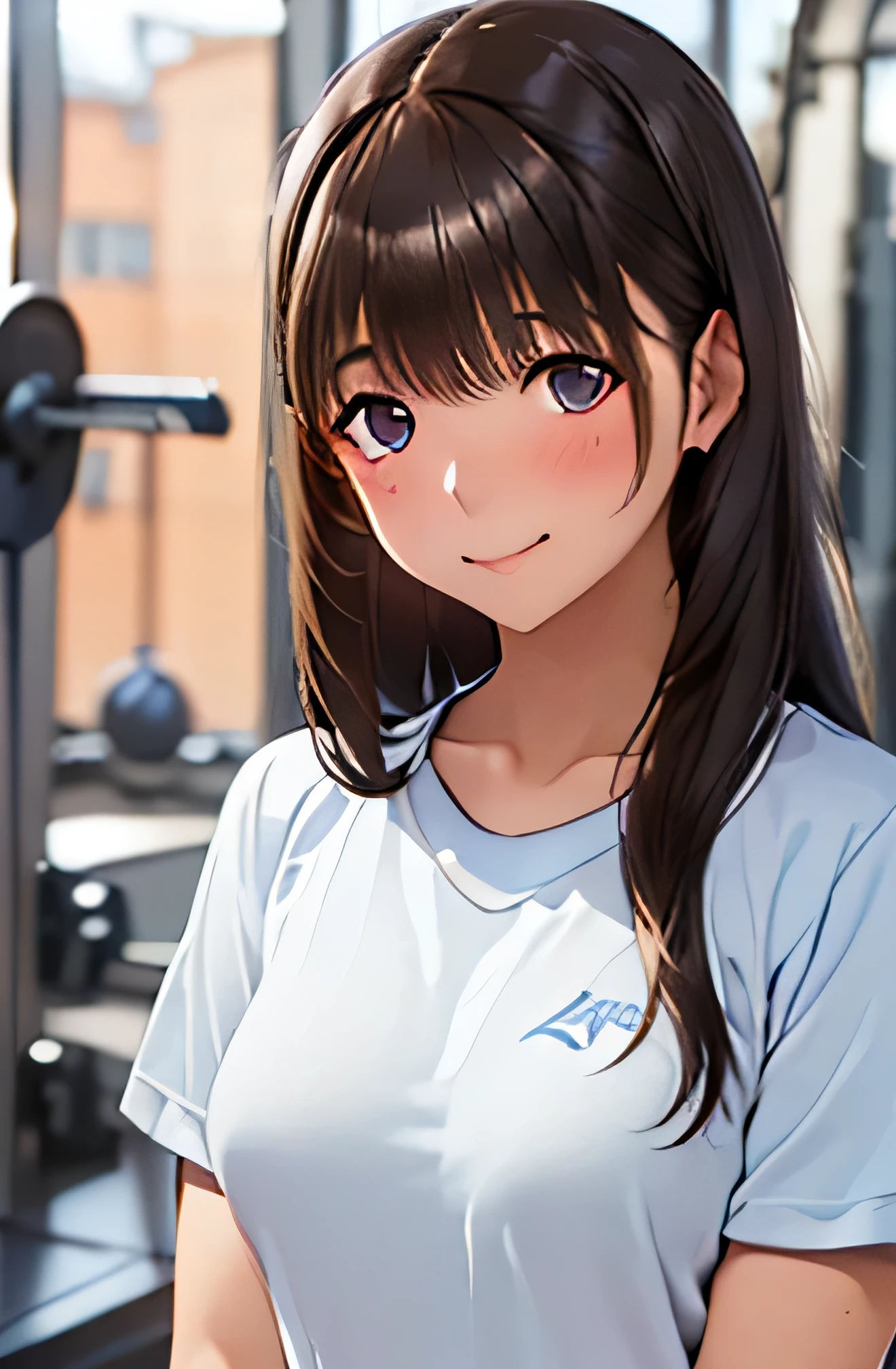 ((1 girl,solo))((black brown hair,long hair))(((buruma), dark blue buruma, school, gym shirts, white shirts, white t-shirts, short sleeves, gym uniform))((thigh))((indoor))((standing))((v-shaped eyebrows))((half closed eyes))((sharp eyes))((sweat,blush,closed mouth))((sweat skin))((medium breasts))((swollen nipples:1.3))