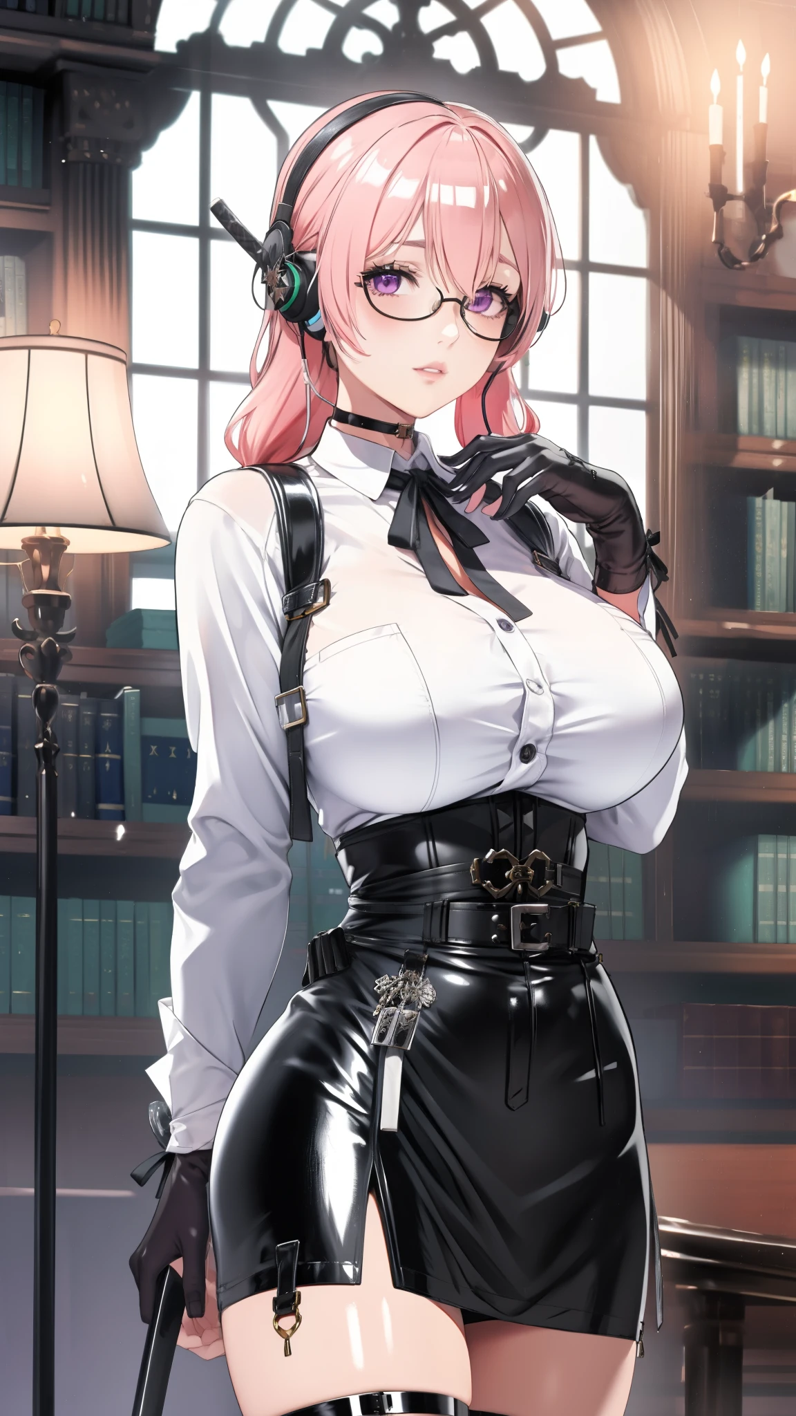 bright clothes, a girl, (Yanagi Tsukishiro ), Alone, Standing, front view, looking at the spectator , long braided hair pink, beautiful eyes , detailed eyes , purple eyes shirt, huge breasts, sensual lips, ((samurai armor shoulder pad)) , (earpiece), harness, glasses, choker :1.6, black gloves, ((high waist shiny black miniskirt)), ((White buttoned shirt with collar)), (black ribbon for the chest), (dark green neck strap), (Gothic style library ), Gloomy ambience, candelabras