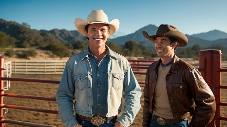 A young handsome cute skinny shirtless guy getting out of a car with a friend who has black clothes and a black cowboy hat on a farm