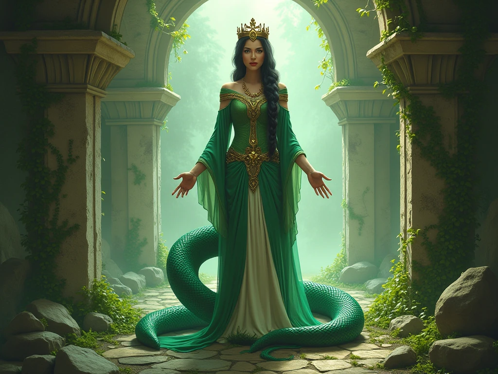 elegant snake priestess, serpentine features, mesmerizing golden eyes with slit pupils, delicate yet stern facial features, hidden venomous fangs, ebony serpent scales on her arms, hips, abdomen, regal yet practical robed attire, feline grace with an underlying tension, embodiment of ancient Stygian mysticism, magic and mystery, (best quality,4k,8k,highres,masterpiece:1.2),ultra-detailed,(realistic,photorealistic,photo-realistic:1.37), dark fantasy, cinematic lighting, dramatic colors, atmospheric, chiaroscuro