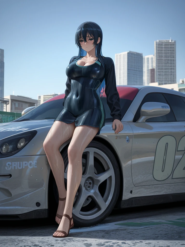 2 people, dark skinned racing driver with Mohawk haircut and beard, and Asian grid girl with blue hair wearing cleavage dress