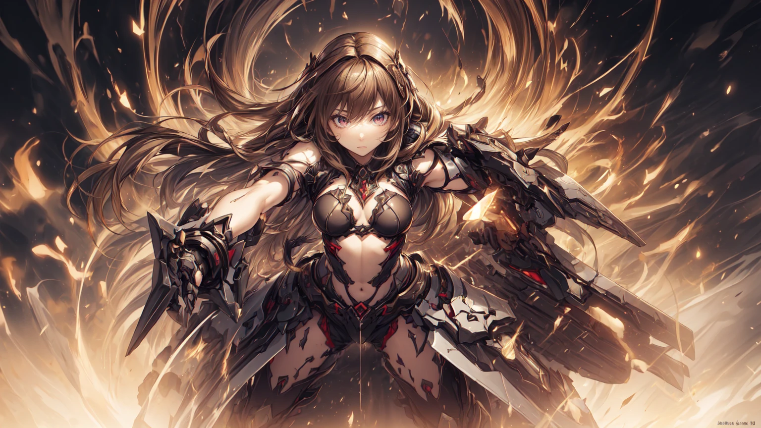 (masterpiece), best quality, expressive eyes, perfect face,(fox girl, Fox ears, fox tail),((light brown hair)),(glowing yellow pupils),(huge breasts:1.2),cleavage,(valkyrie:1.3),(black angel wings:1.1),(red and black ornate armor:1.5),weapon,sword,holding sword down,crystal pendant,circlet,earrings,armlets,bracelets,bashful smile,standing,sexy pose,fantasy scenary,sky,(night:1.1),(starry sky 1:1),magic circles,particles,ready for battle,fighting stance