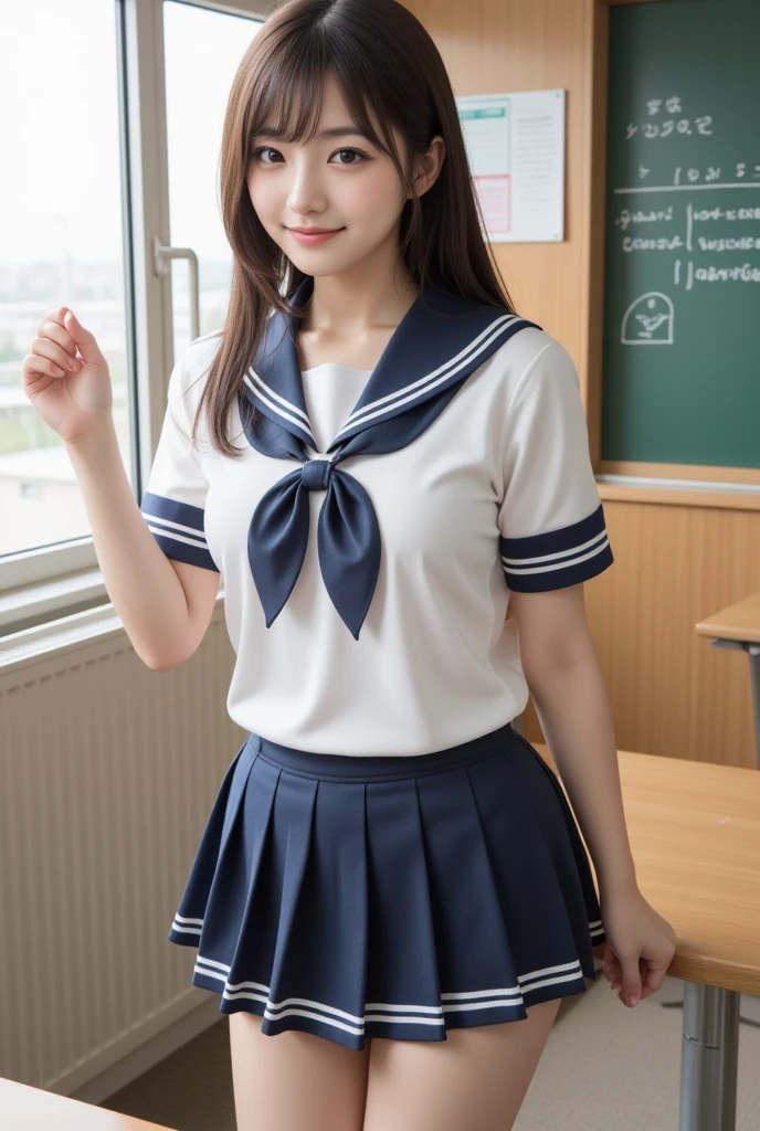 neat college girl, (school uniform, sailor uniform, ribbon tied at chest, summer uniform, upper body white, skirt is navy blue), outside the athletic field, (slim), photorealistic, detail, skin texture, ultra detail, delicate and sexy collarbone, smile, super detailed face, detailed lips, detailed eyes, double eyelids, small breasts, small breasts, small, flat breasts, breast emphasis