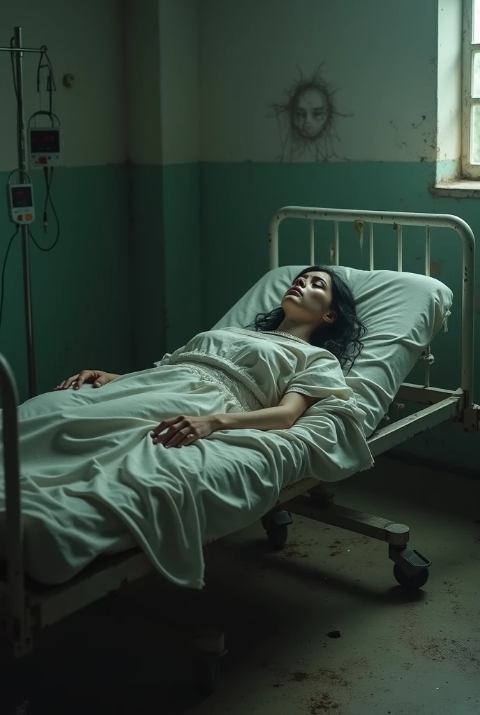A beautiful western girl in bandhani saree full length blouse dead body laying in a morgue bed dead body