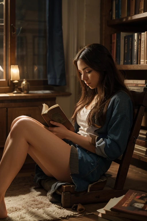 Outfit the model in a chic, fitted mini dress or a tailored shorts set. Place her seated on a plush armchair with one leg draped over the armrest and her body slightly turned towards the camera, holding a book with a flirtatious glance. Use warm, soft lighting from a nearby lamp to create a cozy, seductive reading nook.