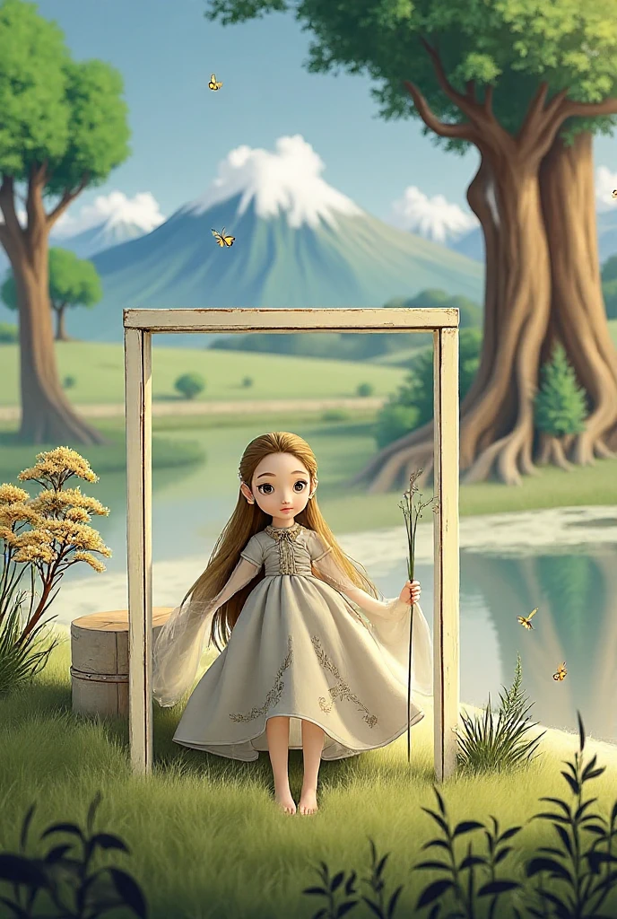 Create a child princess, brunette, curly hair, drawing, best quality, surrounded by enchanted animals