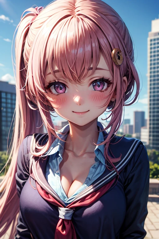 ((Highest quality, 8k, masterpiece :1.3)), (Sharp focus :1.2, Beautiful woman with perfect figure :1.4, Slim Abs), ((Big Breasts, Emphasize cleavage:1.2)), (Photorealistic:1.4), (realistic:1.4), (Pink Hair:1.5), Highly detailed face and skin texture, Fine grain, double eyelid. Makeup face, A little bit of lipstick, sex appeal, Sexy gravure pose, ((A high school girl in uniform、I am studying at my desk in the library。She is concentrating on her notes、There are books piled up around。The red ribbon is an accessory.。:1.3))