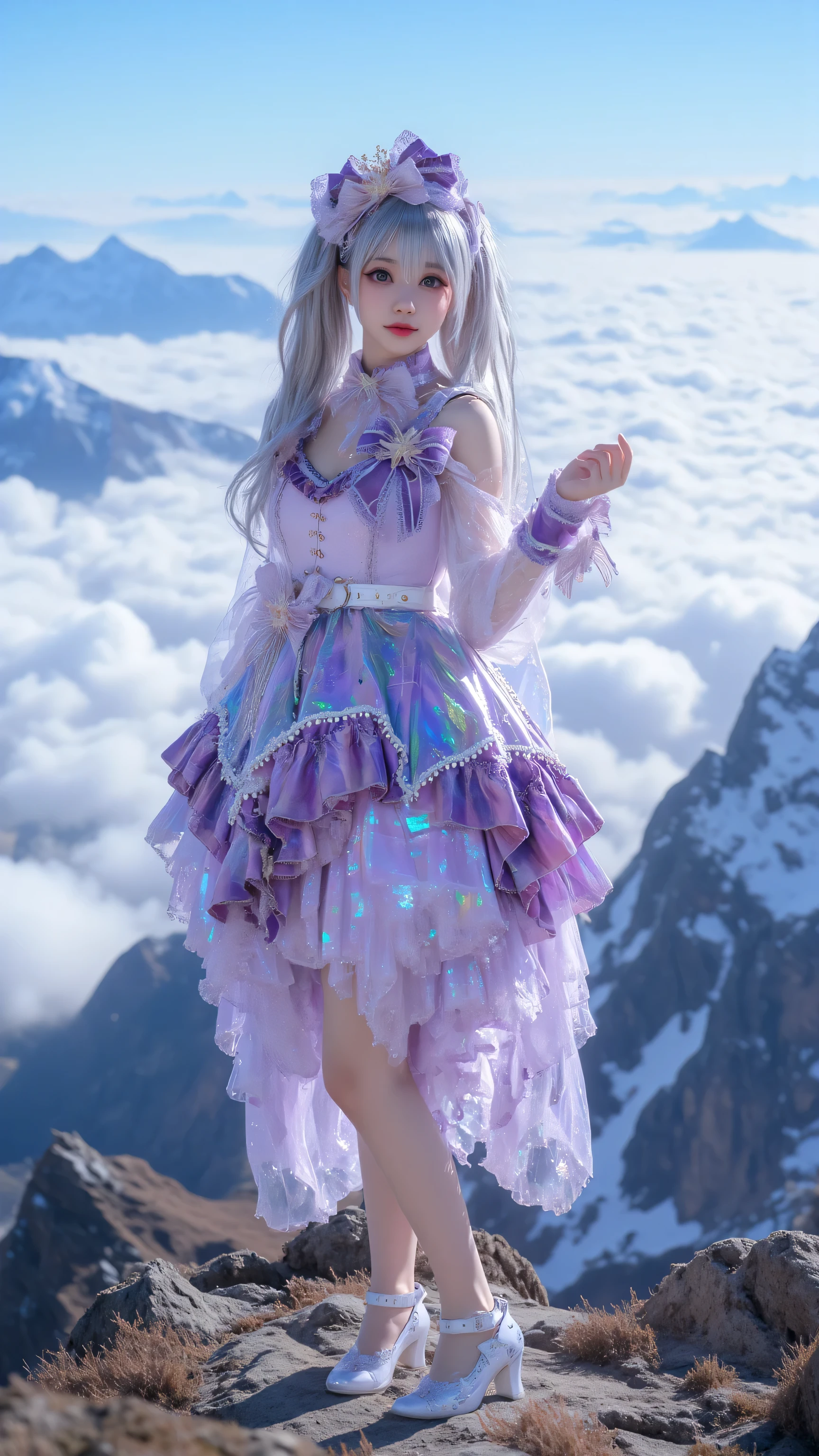 A realistic photo of slender and beautiful woman dressed in idol costume. She is also wearing purple shoes. 站在山顶,远处一片白云