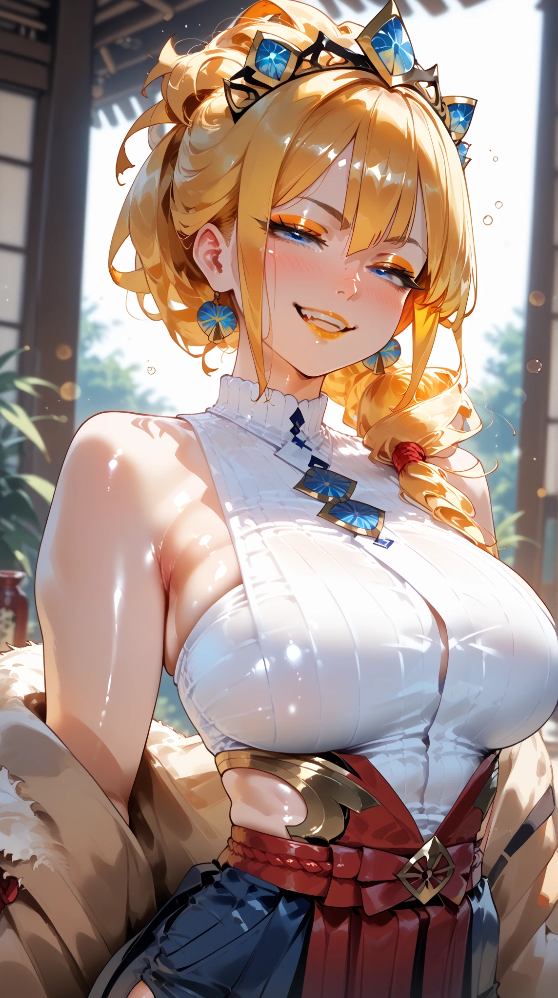 masterpiece, best quality, ultra-detailed, in the middle, bar, a pretty woman, solo, bunny girl, beautiful gold hair, beautiful light blue eyes, beautiful eyes, white-skinned,huge breast,long ponytail, rabbit ears, smile,parted lips