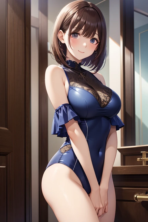1 girl,Blue leotard,Super High Leg Cut,blue eyes,serious face,brown hair,bob hair,New York City,big breasts,blush,Sweat,barefoot,bare hands,thin,walk,Embarrassing,alley,wall graffiti,Scattered trash,dark,Garbage can,cardboard,Cowboy Shot,dark,Are standing,((The old man hugs her:1.4)),((Being touched by an old man:1.4)),