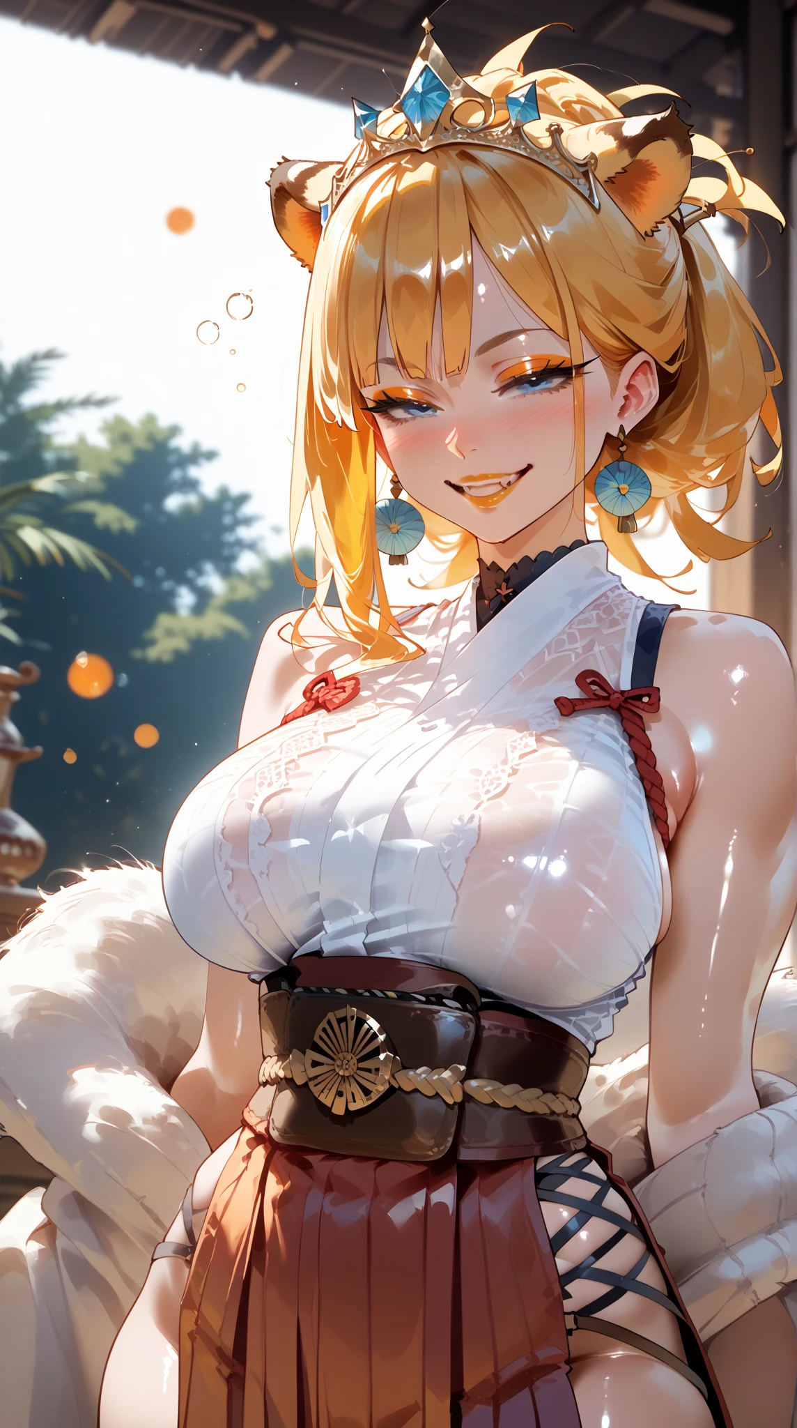 Camera angle looking down from above。Stretch your legs out in a reclining chair and relax.、A beautiful woman with big breasts and fox ears pointing down in the wrong direction。Shiny kimono with off-the-shoulder sleeves and a skirt。hair ornaments、Earrings、necklace。UHD, anatomically correct, masterpiece, accurate, textured skin, super detail, high details, high quality, best quality, highres, 16k, UHD, anatomically correct, masterpiece, accurate, textured skin, super detail, high details, high quality, best quality, highres, 16k