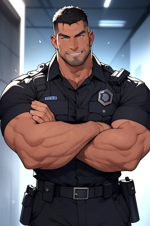 (NSFW: 1.5), (handsome Man sitting on table eating bread ),(crew cut short hair:1.8),black eye,(Wear a fitted round neck t-shirt in navy with a police badge.:1.5),(fit neck),Navy blue jeans,(black_gloves:1.2), Korean guy,chest muscles,large arm muscles,blood vessel,Big muscles,Broad shoulders, (open mouth:1.2),(face up:1.2),(open eyes:1.5), middle of the road,smile, In the bread shop,