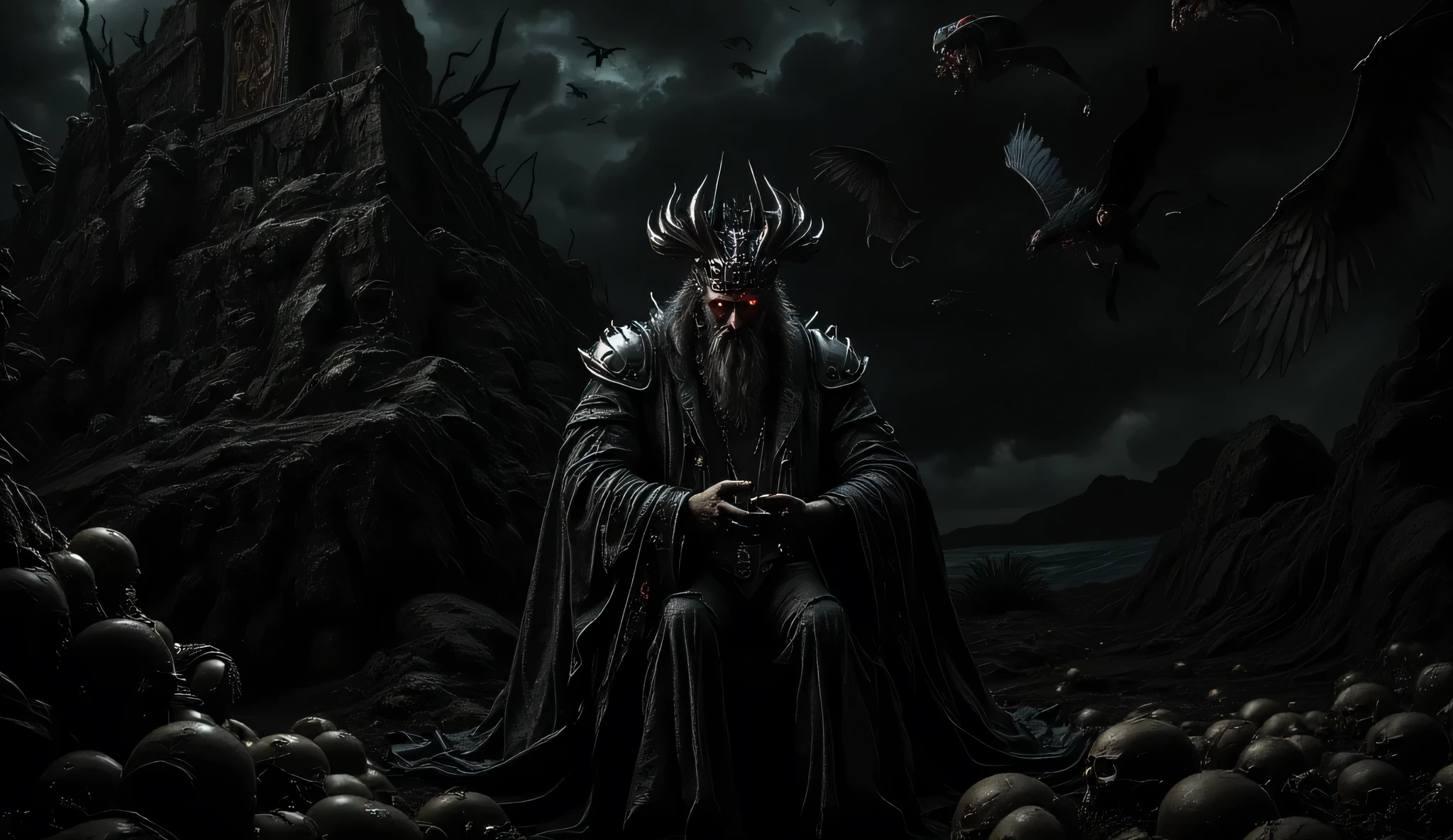 Elder god, aged, with long, flowing, grey beard, wearing dark, hooded robe, ornate, dark, horned crown, red eyes, grim expression, playing ancient piano, seated on a dark ship, surrounded by waves, dark stormy sea, dark grey sky, many ravens flying, lots of skulls piled around him, dark, detailed, epic, grim, dark fantasy style, cinematic lighting, ultra detailed, wide shot, low angle, high contrast, rough texture, aged skin, heavy, detailed fabric of the robe, dark wood piano, dark metal crown, full frame.