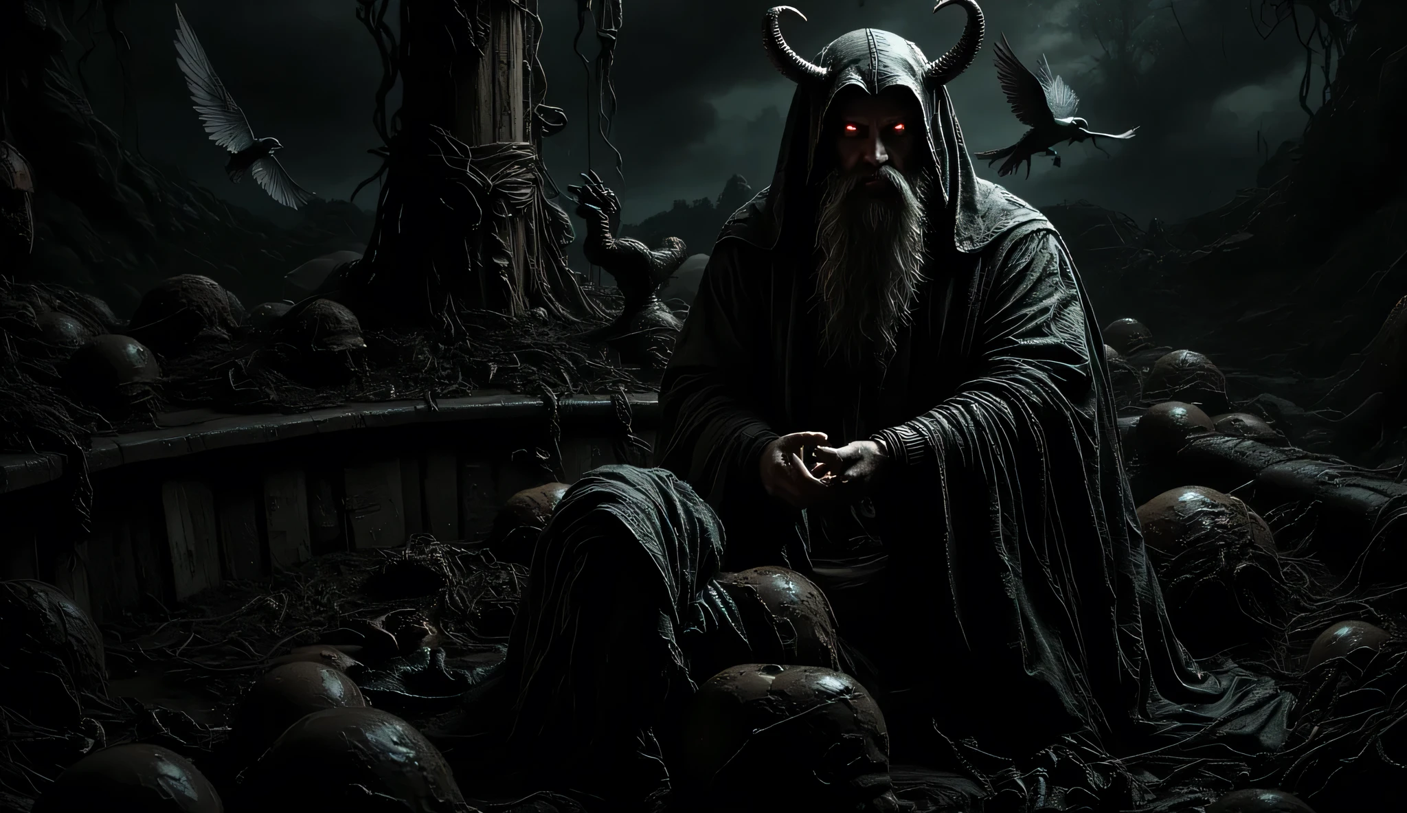 Elder god, aged, with long, flowing, grey beard, wearing dark, hooded robe, ornate, dark, horned crown, red eyes, grim expression, playing ancient piano, seated on a dark ship, surrounded by waves, dark stormy sea, dark grey sky, many ravens flying, lots of skulls piled around him, dark, detailed, epic, grim, dark fantasy style, cinematic lighting, ultra detailed, wide shot, low angle, high contrast, rough texture, aged skin, heavy, detailed fabric of the robe, dark wood piano, dark metal crown, full frame.