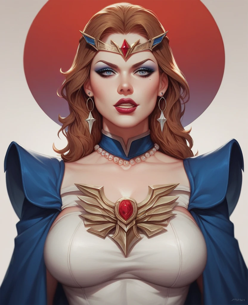 2 women aligned, (confrontation), (looking at viewer), jewel, gorgeous, splendid, luxurious, aristocrat, noble, arrogant, (golden), goddess, queen, curly hair, forehead, mature women, embroidery, white satin dress and gloves and cape, gleaming skin, sagging breasts, huge breasts, nagatiti, perfect eyes, (((face focus))), Simple Background, best quality, high resolution, all intricate,