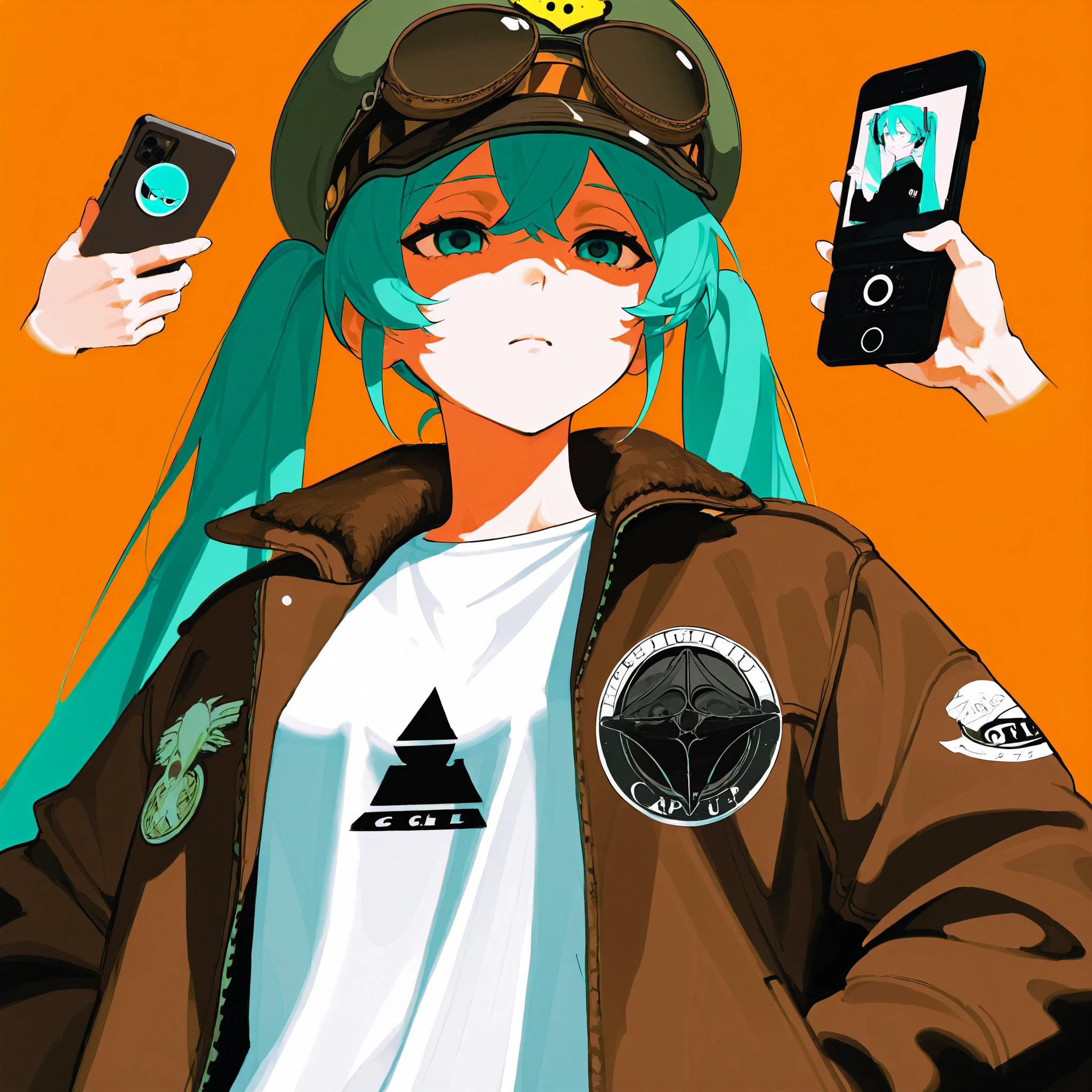 Hatsune Miku musical album logo with tight white t-shirt, Wide black jean, with cadet cap, aviator jacket , holding a cell phone, with a sad expression and dark circles, Different Perspective, posing in an exaggerated way, Orange background 