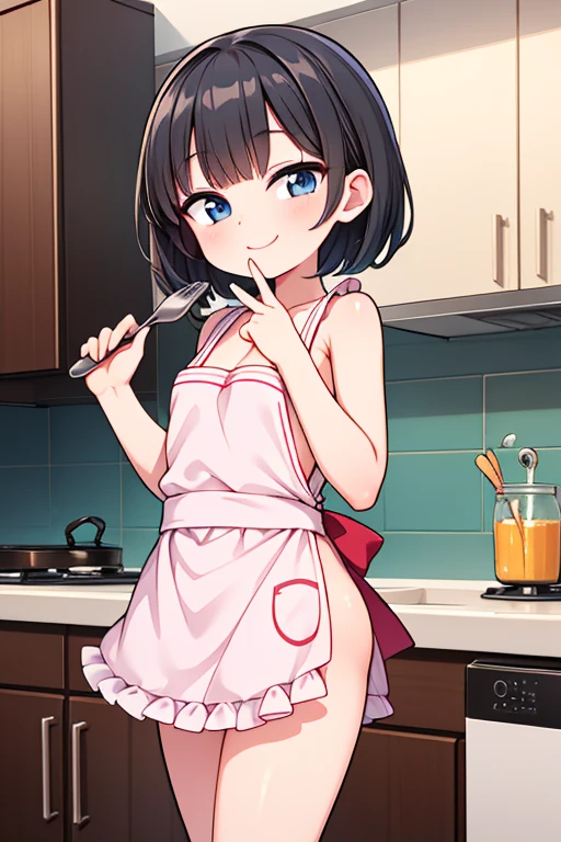 Japanese countryside kitchen,smile,Are standing,close your eyes,1. small ,short hair,Black Hair,blush,apron,Completely naked,barefoot,White skin,From below,shy,Sweaty,Wet,Having a ladle,Please open your mouth wide