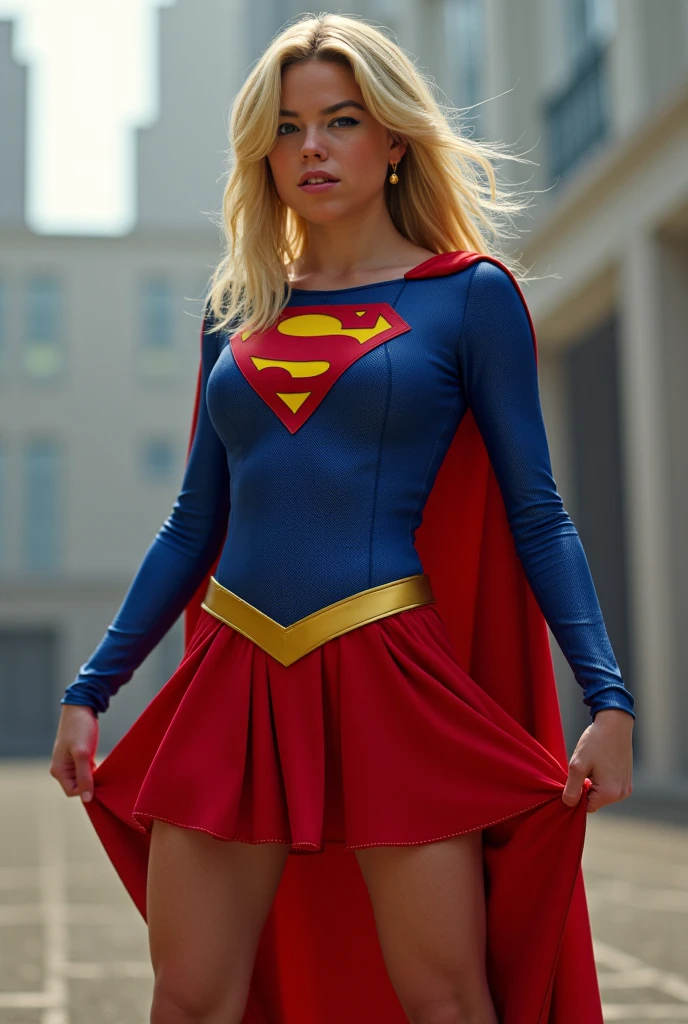 Retrato hiperrealista de uma supergirl de 19 anos por David Hockney e Alphonse Mucha,arte de fantasia, foto realista, dynamic lighting, art station, poster, volumetric lighting, Rosto muito detalhado, 8k, foto premiada,1 garota, no escuro, corpo todo, sutil, tiro de vaqueira, (roupa oficial:1.2) , cabelo longo, cabelo loiro-branco, olhos azuis