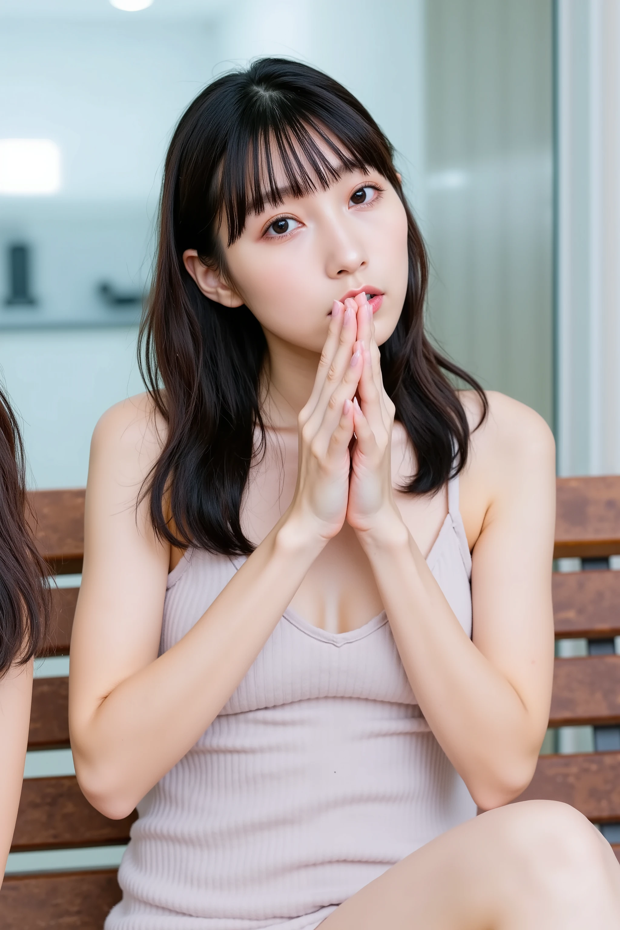 A high resolution photograph of a 30 years old Japanese woman viewed from the front. straight long glossy black hair with blunt bangs, flawless porcelain-white skin, shiny skin, detailed beautiful skin, beautiful face, perfect face, detailed face, delicate facial features, naughty face, detailed eyes, eyelashes, outdoors, exbitionism, embarrassed, blush, shy, sexy, (seductive smile, teeth), solo focus, sitting with knees together on the public bench, medium breasts, thick thighs, (She's completely nude, she is covering her chest with both hands to hide own nipples:1.5), detailed hands, detailed fingers, anatomically correct proportion, Ultra High Definition, realistic, photo-realistic, best quality, masterpiece, absurdres, very aesthetic, (uncensored, censored turn off),