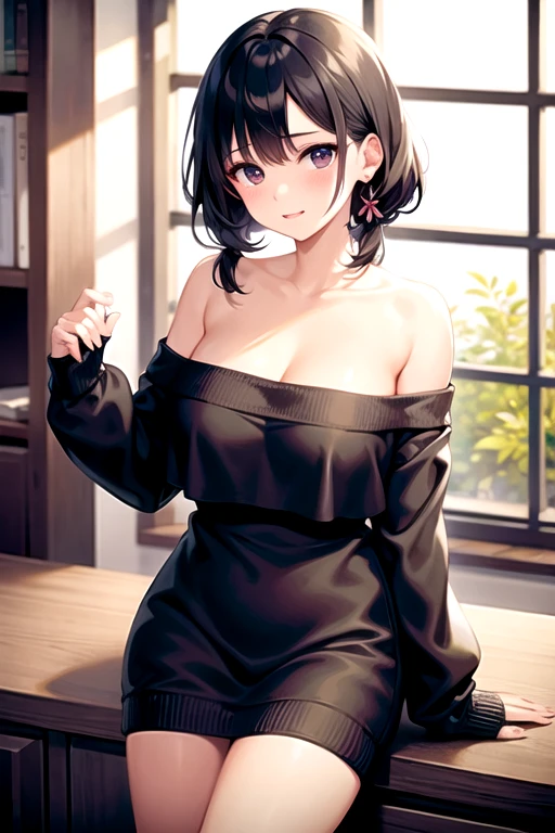 (((Masterpiece))),(((Super Detail))),(((in 8K))),(((best composition))),(((Rim lighting,Fireglow effect,deep shadow))),solo),Beautiful fingers,Detailed finger features,(Detailed hair features:1.7),(Dynamic and sexy bending pose:1.3),detailed facial features,detailed clothes features, (perky chest:1.1), (pointed chest:1.3), delicate beautiful face, Bright blue eyes, cute eyes, sparkling eyes, Big eyes, beautiful detailed eyes,double bun with glittering hair ornament:0.6,(super detailed glossy skin:1.3),slender body,goddess smile,((with sparkling eyes and a contagious smile)),beautiful posture,have a cup of coffee,black hair, red eyes, dress, bare shoulders, jewelry, collarbone, sidelocks, hairband, earrings, indoors, off shoulder, sweater, arms behind back, plant, short hair with long locks, white hairband, off-shoulder dress, sweater dress, off-shoulder sweater, red sweater, big side hair, very long side hair,(super delicate floral pattern:1.2),seductive cleavage:1.3,beautiful glossy legs,shiny red high heels,lifting dishes with cakesd,french restaurant,hustle and bustle,rising steam,(((depth of fields)))
