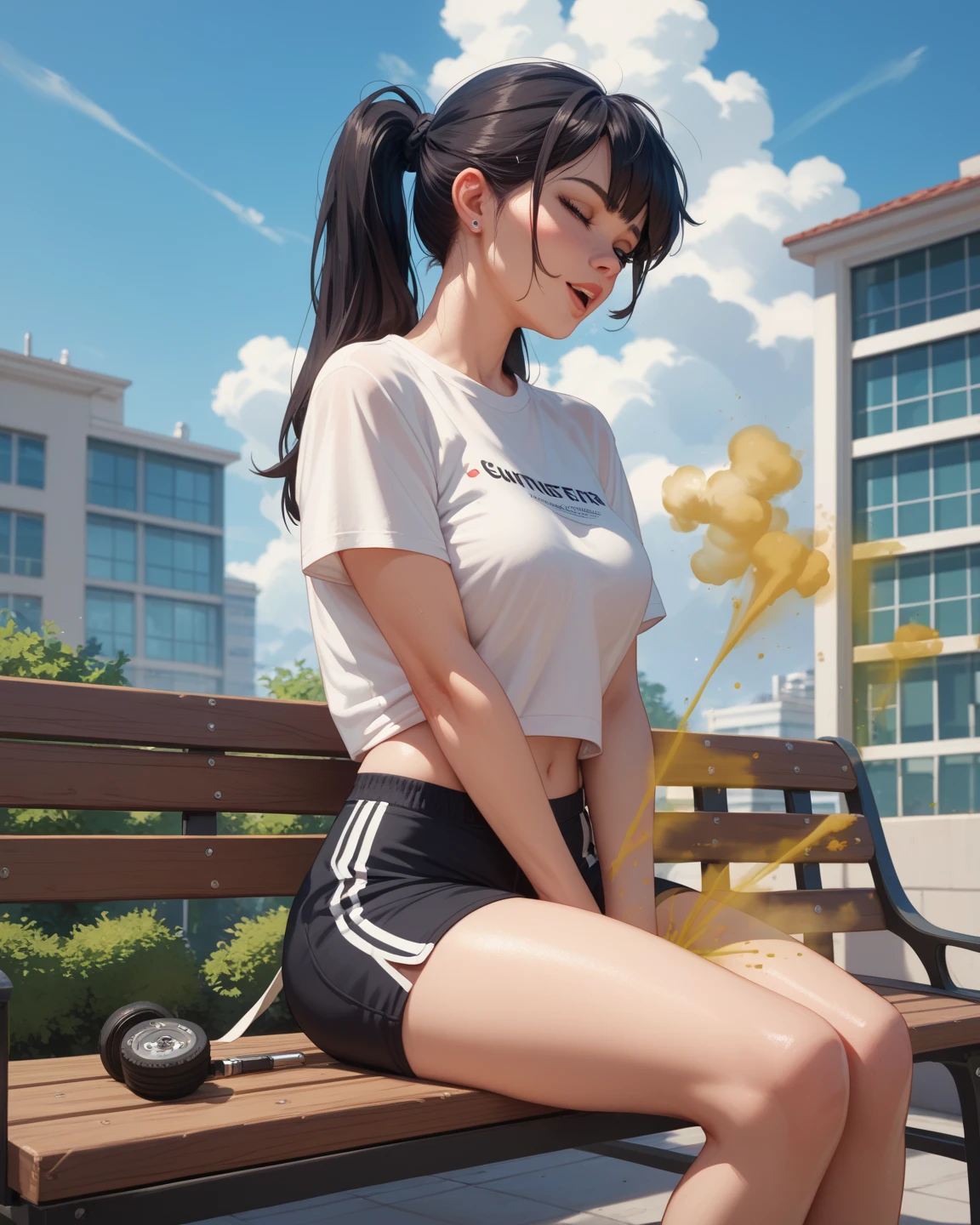 beautiful girl, 18 years old, short hair, shoulder-length ,Black Hair, blue eyes, Large Breasts, short sportswear, White, Skinny pink shorts,wet, play cell phone, Sitting fitness, wear glasses, Wear star earrings,