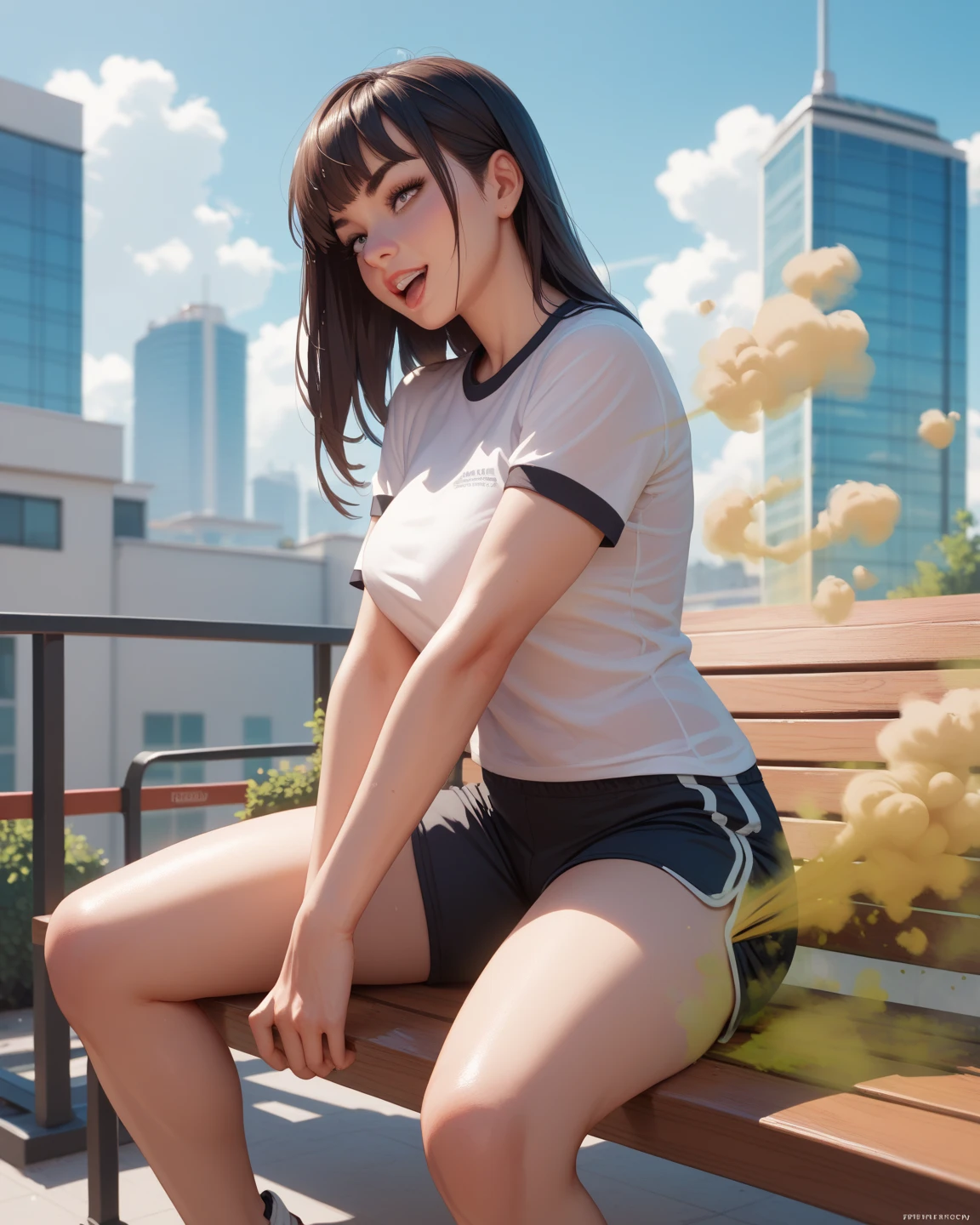 (8K、Raw photography、top-quality、masterpiece:1.2)、(realisitic、Full body posture、a miniskirt 、wearing miniskirt、Open her legs,poneyTail、The legs of the miniskirt are open to the left and right、White underwear、Photorealsitic:1.37)、Sit up、Respectable hips、Denim Mini Skirt、Beautiful ass、poneyTail、Open legs,Tank Tops、Beautiful waki、Beautiful belly button、a miniskirt、Sit up、sit,Open legs,White panty、White shorts、、Panchira、ultra-detailliert、超A high resolution、女の子1人、see the beholder、beautifull detailed face、A smile、Constriction、(Slim waist) :1.3)、The shirt、Beautiful detailed skin、Skin Texture、floated hair、profetional lighting、