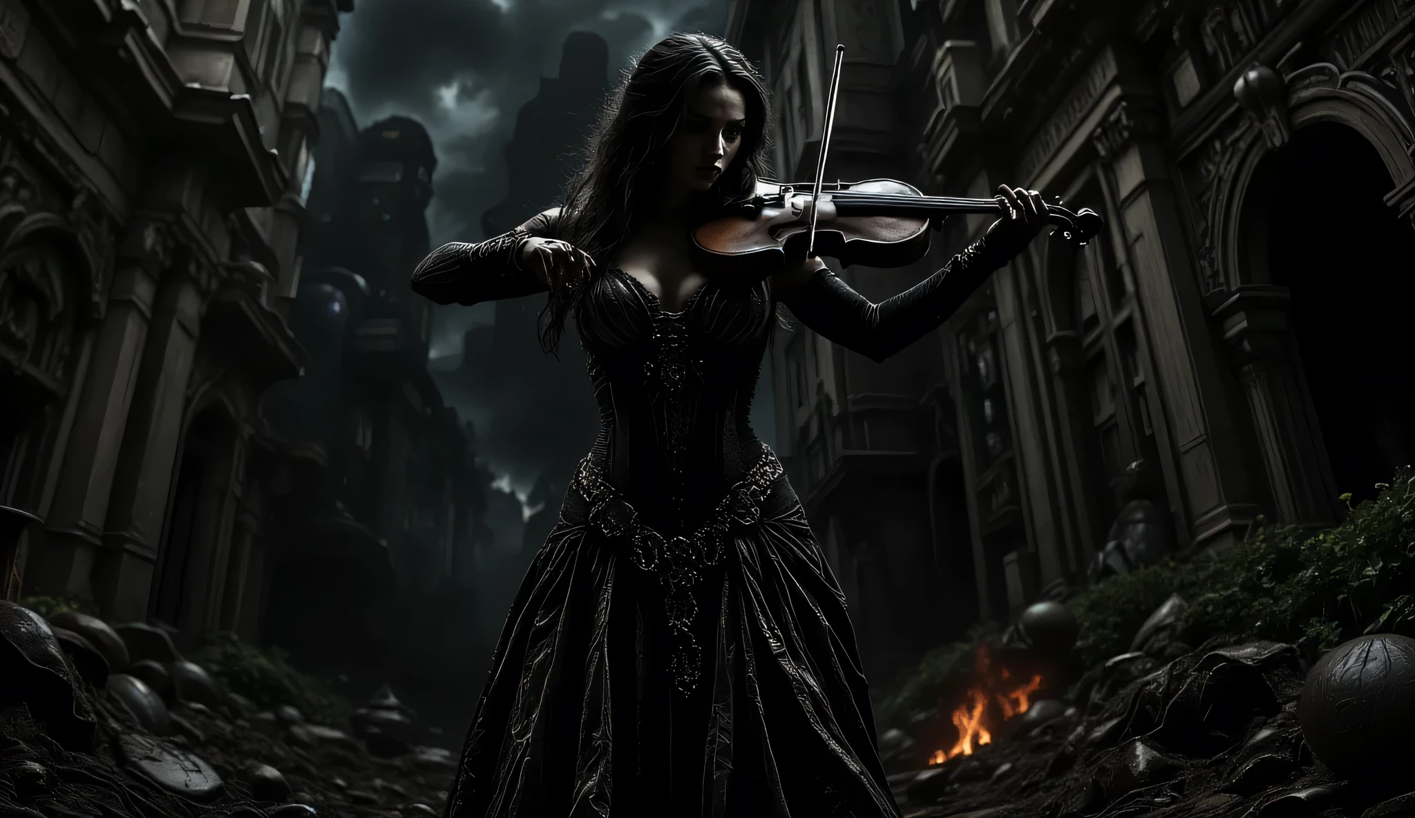 Woman playing violin, European, 25-30 years old, dark-haired, with delicate facial features and a melancholic expression, wearing a dark, richly embroidered, Victorian-style corset bodice with detailed lace and embroidered roses; long, black, lace gloves, fitted, long-sleeved evening gown that drapes beautifully, playing a violin with intense focus; in a dramatic pose, mid-action; an ornate castle or building in ruins with fire and smoke in the background; a group of shadowy, ghostly figures in the background, hinting at a foreboding atmosphere; dramatic lighting with deep shadows, emphasizing the contrast between the figure and the background; detailed textures of the clothing, violin, and background elements; cinematic composition; a strong sense of mood and atmosphere; realistic depiction of human emotion and expression, dark, muted colors of deep red, brown, gray, and black; style of a dark fairytale or gothic romance; ultra detailed, epic atmosphere, dark fantasy style --ar 16:9 --v 5 --ar 16:9