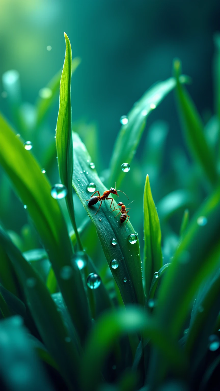떨어지는 Giant Droplets을 보는 개미들의 세상,Focus insects are taking refuge,Focus ants showing water droplets popping apart,Giant Droplets,falling water,Insect Evacuation,Close-Up Detailed Description,Giant Droplets 폭발,Nature Full of Life,Microscopic Life,Precise description,Clean Color,Realistic expression,Superrealistic Rendering,Professional Level Details,4k High Resolution ,Vibrant textures,rich colors,Lighting Processing,dreamy atmosphere,Naturalistic style