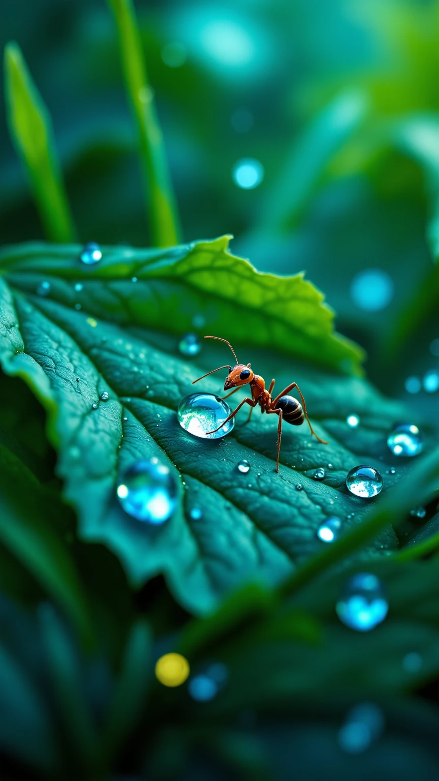 떨어지는 Giant Droplets을 보는 개미들의 세상,Focus insects are taking refuge,Focus ants showing water droplets popping apart,Giant Droplets,falling water,Insect Evacuation,Close-Up Detailed Description,Giant Droplets 폭발,Nature Full of Life,Microscopic Life,Precise description,Clean Color,Realistic expression,Superrealistic Rendering,Professional Level Details,4k High Resolution ,Vibrant textures,rich colors,Lighting Processing,dreamy atmosphere,Naturalistic style