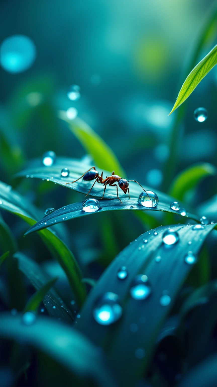 떨어지는 Giant Droplets을 보는 개미들의 세상,Focus insects are taking refuge,Focus ants showing water droplets popping apart,Giant Droplets,falling water,Insect Evacuation,Close-Up Detailed Description,Giant Droplets 폭발,Nature Full of Life,Microscopic Life,Precise description,Clean Color,Realistic expression,Superrealistic Rendering,Professional Level Details,4k High Resolution ,Vibrant textures,rich colors,Lighting Processing,dreamy atmosphere,Naturalistic style