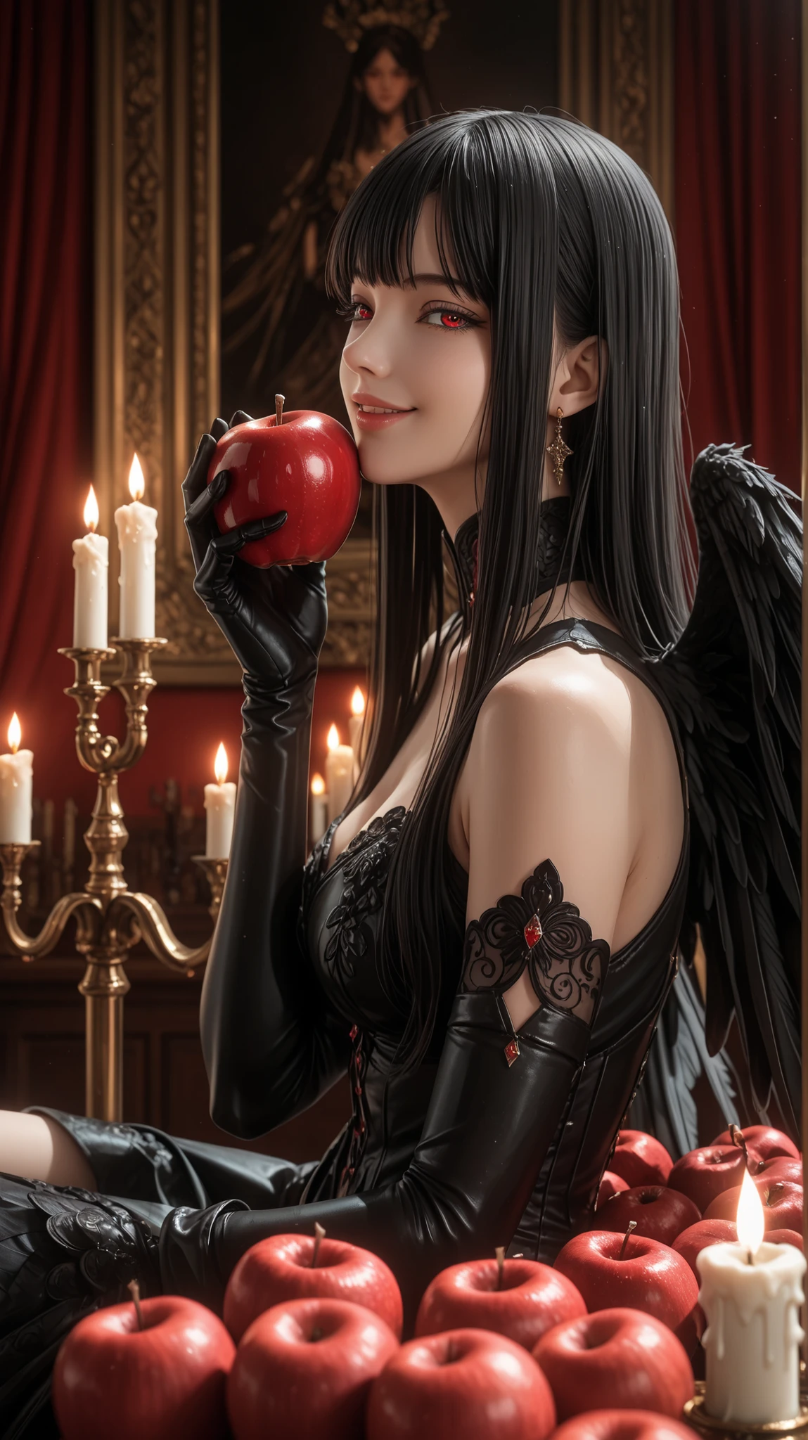 masterpiece,best quality,amazing quality,very aesthetic,absurdres, newest, anime coloring, 1girl, from side, sitting, indoors, black hair, long hair, red eyes, black wings, holding red apple, parted lips, smile, dark, looking at viewer, candles, half-closed eyes, elbow gloves, black gloves, dark_art_style