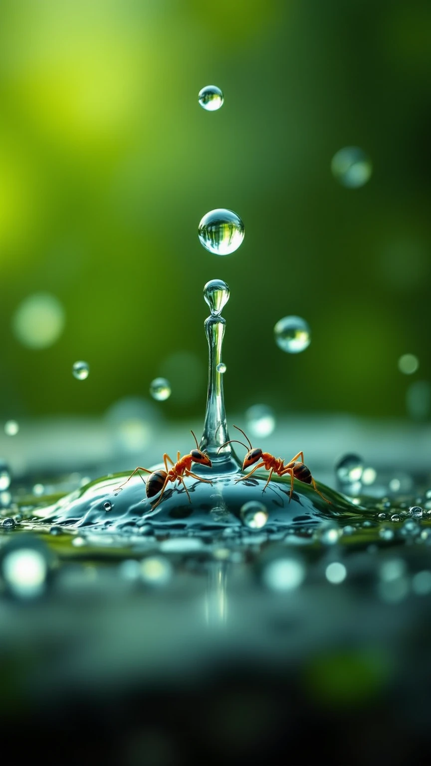 떨어지는 Giant Droplets을 보는 개미들의 세상,Focus insects are taking refuge,Focus ants showing water droplets popping apart,Giant Droplets,falling water,Insect Evacuation,Close-Up Detailed Description,Giant Droplets 폭발,Nature Full of Life,Microscopic Life,Precise description,Clean Color,Realistic expression,Superrealistic Rendering,Professional Level Details,4k High Resolution ,Vibrant textures,rich colors,Lighting Processing,dreamy atmosphere,Naturalistic style