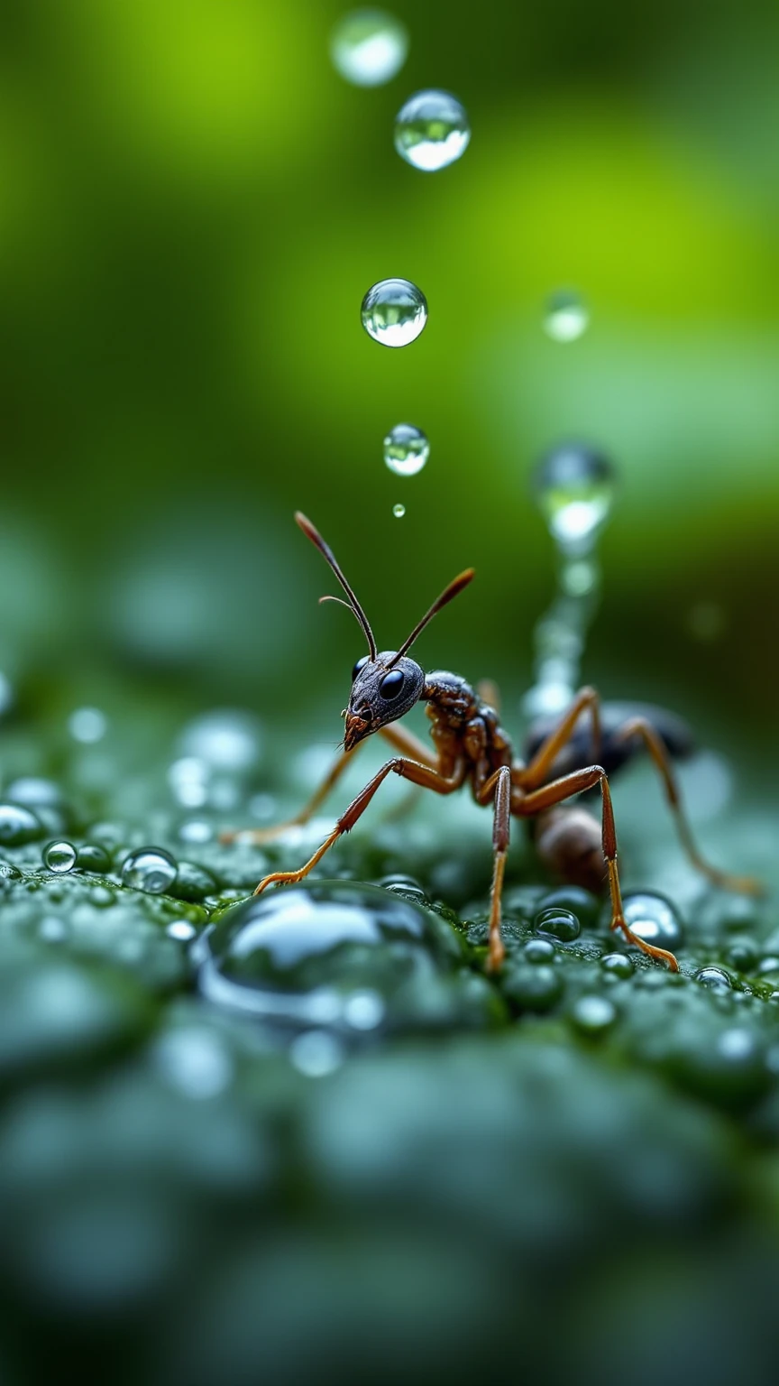 떨어지는 Giant Droplets을 보는 개미들의 세상,Focus insects are taking refuge,Focus ants showing water droplets popping apart,Giant Droplets,falling water,Insect Evacuation,Close-Up Detailed Description,Giant Droplets 폭발,Nature Full of Life,Microscopic Life,Precise description,Clean Color,Realistic expression,Superrealistic Rendering,Professional Level Details,4k High Resolution ,Vibrant textures,rich colors,Lighting Processing,dreamy atmosphere,Naturalistic style