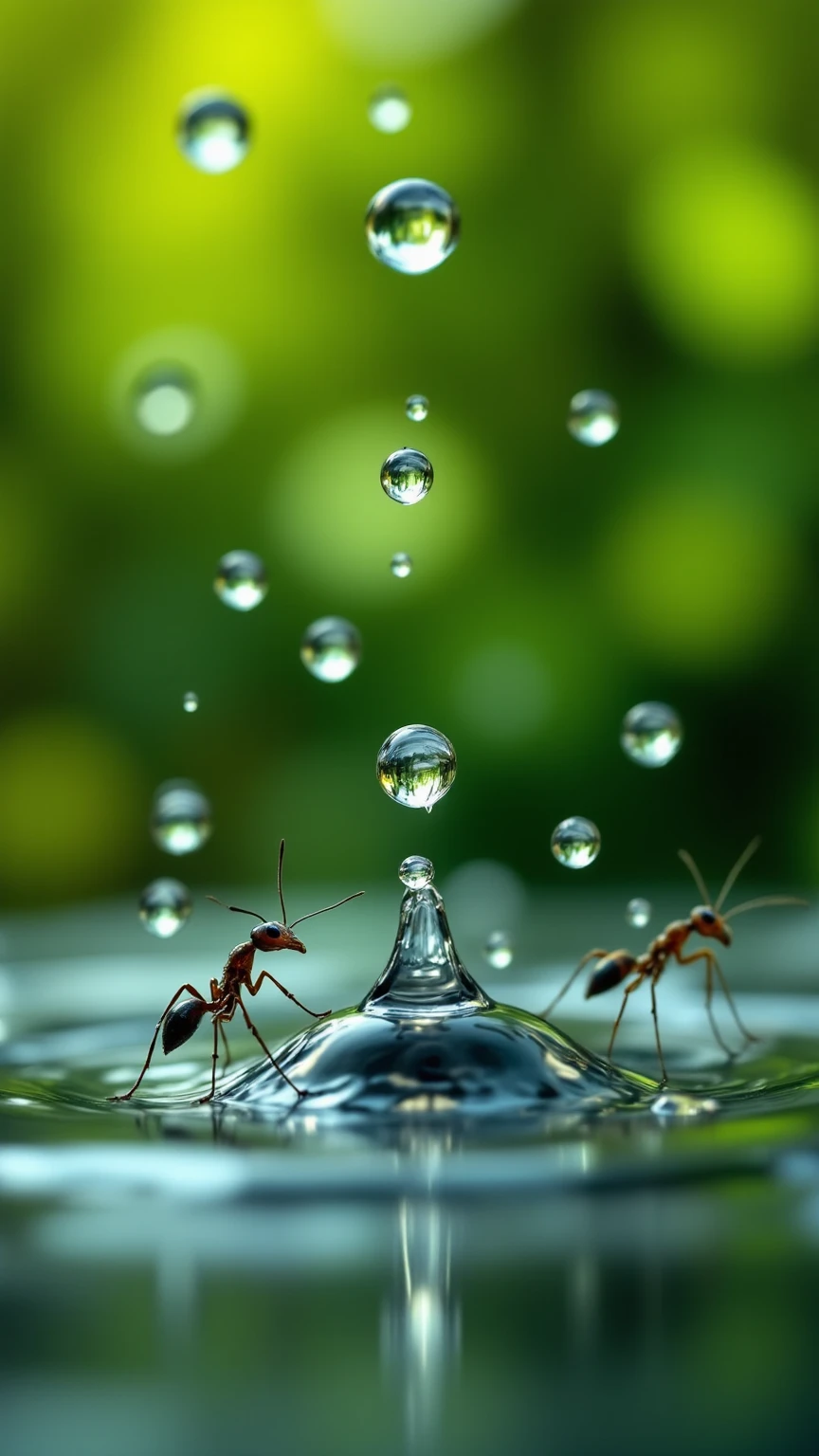 떨어지는 Giant Droplets을 보는 개미들의 세상,Focus insects are taking refuge,Focus ants showing water droplets popping apart,Giant Droplets,falling water,Insect Evacuation,Close-Up Detailed Description,Giant Droplets 폭발,Nature Full of Life,Microscopic Life,Precise description,Clean Color,Realistic expression,Superrealistic Rendering,Professional Level Details,4k High Resolution ,Vibrant textures,rich colors,Lighting Processing,dreamy atmosphere,Naturalistic style