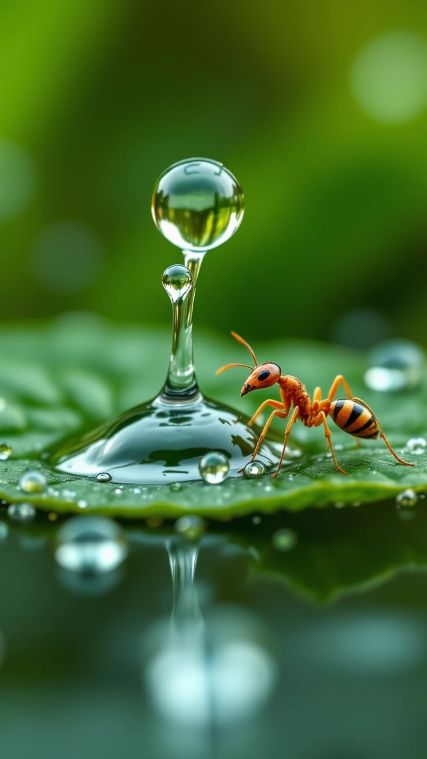떨어지는 Giant Droplets을 보는 개미들의 세상,Focus insects are taking refuge,Focus ants showing water droplets popping apart,Giant Droplets,falling water,Insect Evacuation,Close-Up Detailed Description,Giant Droplets 폭발,Nature Full of Life,Microscopic Life,Precise description,Clean Color,Realistic expression,Superrealistic Rendering,Professional Level Details,4k High Resolution ,Vibrant textures,rich colors,Lighting Processing,dreamy atmosphere,Naturalistic style