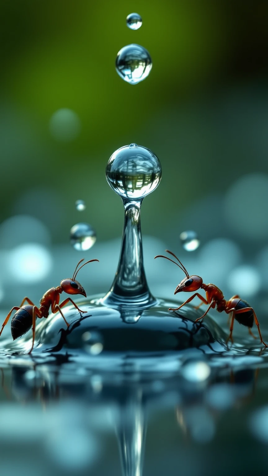 떨어지는 Giant Droplets을 보는 개미들의 세상,Focus insects are taking refuge,Focus ants showing water droplets popping apart,Giant Droplets,falling water,Insect Evacuation,Close-Up Detailed Description,Giant Droplets 폭발,Nature Full of Life,Microscopic Life,Precise description,Clean Color,Realistic expression,Superrealistic Rendering,Professional Level Details,4k High Resolution ,Vibrant textures,rich colors,Lighting Processing,dreamy atmosphere,Naturalistic style