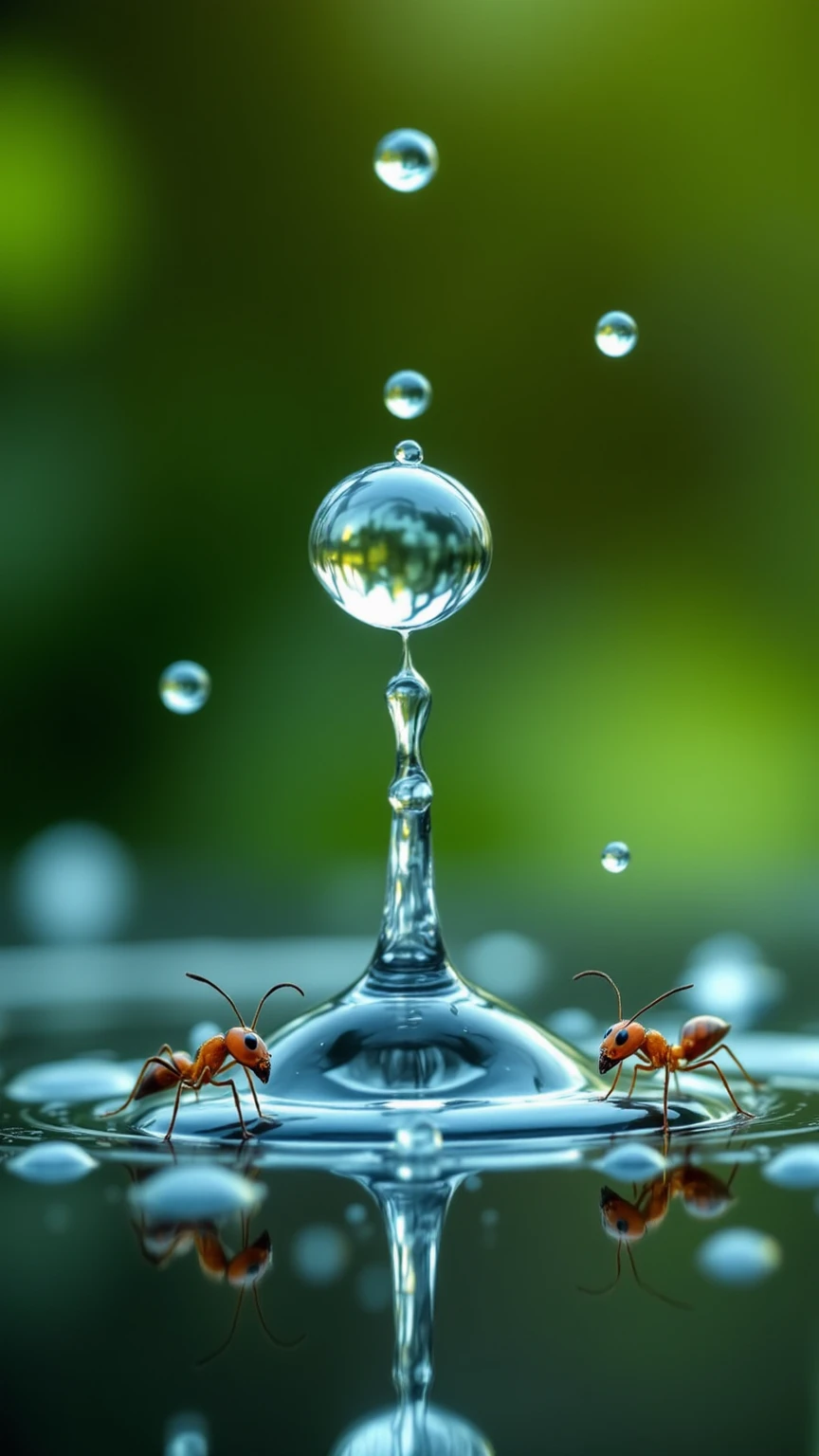 떨어지는 Giant Droplets을 보는 개미들의 세상,Focus insects are taking refuge,Focus ants showing water droplets popping apart,Giant Droplets,falling water,Insect Evacuation,Close-Up Detailed Description,Giant Droplets 폭발,Nature Full of Life,Microscopic Life,Precise description,Clean Color,Realistic expression,Superrealistic Rendering,Professional Level Details,4k High Resolution ,Vibrant textures,rich colors,Lighting Processing,dreamy atmosphere,Naturalistic style
