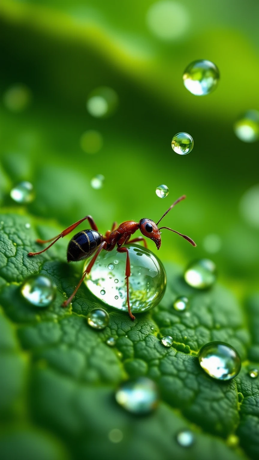 떨어지는 Giant Droplets을 보는 개미들의 세상,Focus insects are taking refuge,Focus ants showing water droplets popping apart,Giant Droplets,falling water,Insect Evacuation,Close-Up Detailed Description,Giant Droplets 폭발,Nature Full of Life,Microscopic Life,Precise description,Clean Color,Realistic expression,Superrealistic Rendering,Professional Level Details,4k High Resolution ,Vibrant textures,rich colors,Lighting Processing,dreamy atmosphere,Naturalistic style