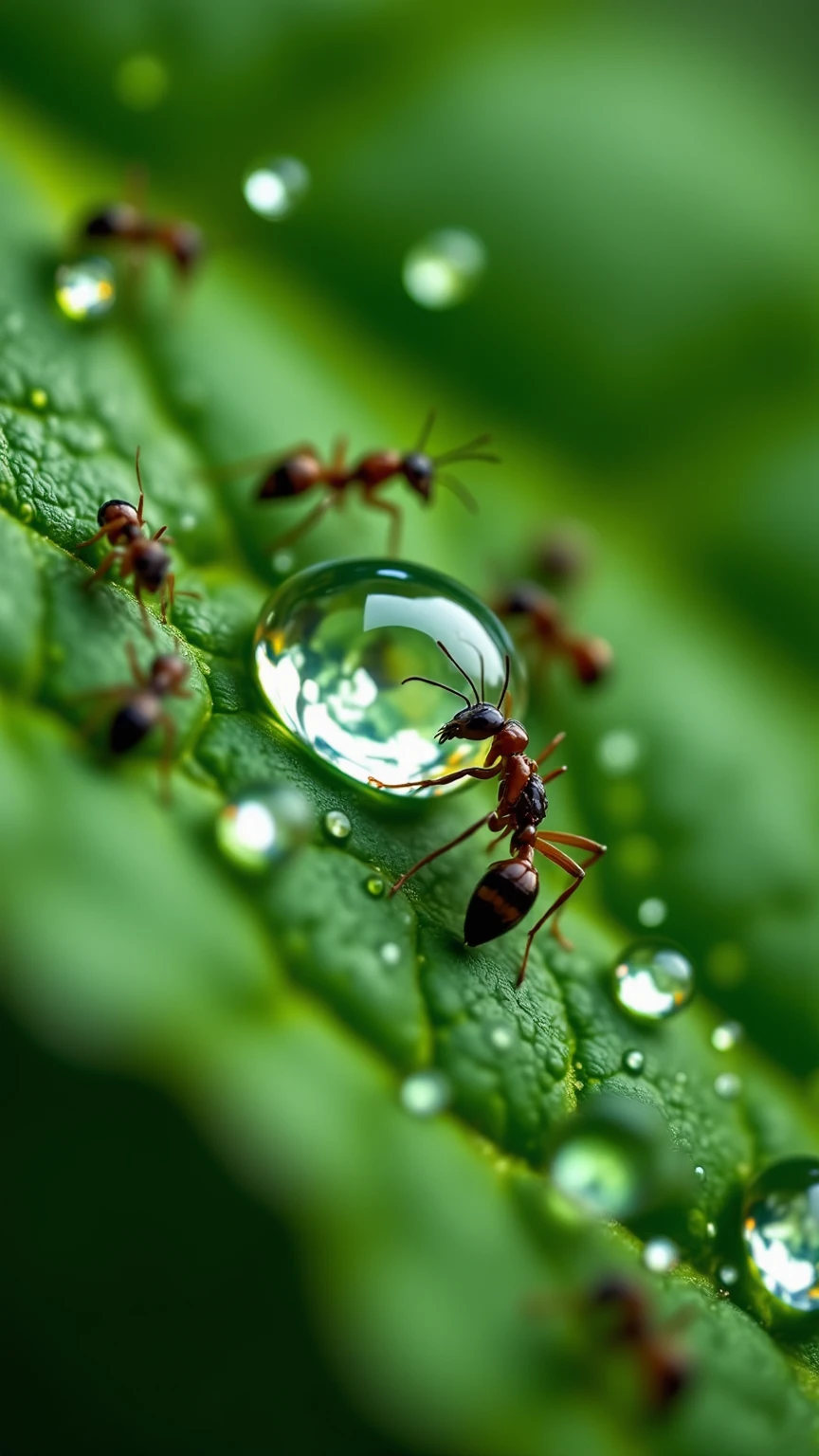 떨어지는 Giant Droplets을 보는 개미들의 세상,Focus insects are taking refuge,Focus ants showing water droplets popping apart,Giant Droplets,falling water,Insect Evacuation,Close-Up Detailed Description,Giant Droplets 폭발,Nature Full of Life,Microscopic Life,Precise description,Clean Color,Realistic expression,Superrealistic Rendering,Professional Level Details,4k High Resolution ,Vibrant textures,rich colors,Lighting Processing,dreamy atmosphere,Naturalistic style