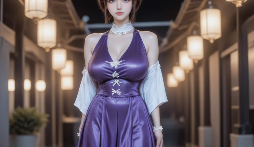 Best quality,masterpiece,ultra high res,raw photo,detail face,photorealistic,cinematic lighting,
1girl,solo,cowboy shot,earring,Necklace,night,moonlight,city lights,looking at viewer,
Lilac Hair,highleg,skirt,Futuristic skyline,