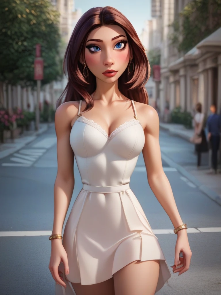 sharp focus, 8k, highres, high quality, high details, anatomically correct, masterpiece, ccurate, Delicate delicate girl [Taylor Hill], 21 years old, athletic body, cheerful eyes, thick eyebrows, flushed cheeks, (perfect abs), (small tits), (wide hips), (perfect big ass), full body, wearing a very short and revealing white dress, (perfect legs), looking at the camera, walking down a crowded street of sexy women,  Happy, Grapffiti
