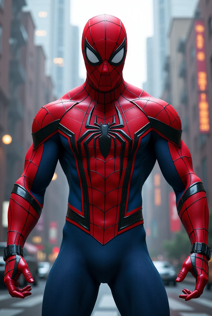 Personagem homem aranha musculoso, personagem homem aranha, realista, Muscles, forte, tirando selfie, cidade linda, alta qualidade, 8k