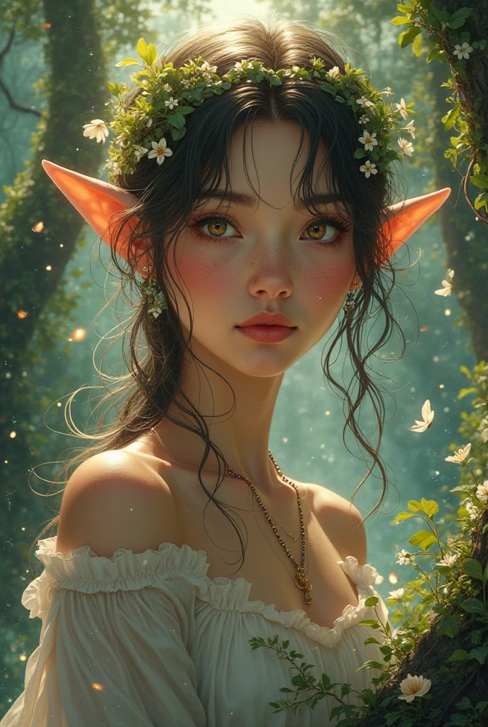 (best quality,4k,8k,highres,masterpiece:1.2),ultra-detailed,(realistic,photorealistic,photo-realistic:1.37),little elf,in a flower field,surrounded by fairies and points of light,flying petals, magical atmosphere,enchanting,mushrooms, vibrant colors,soft sunlight,glistening dewdrops.