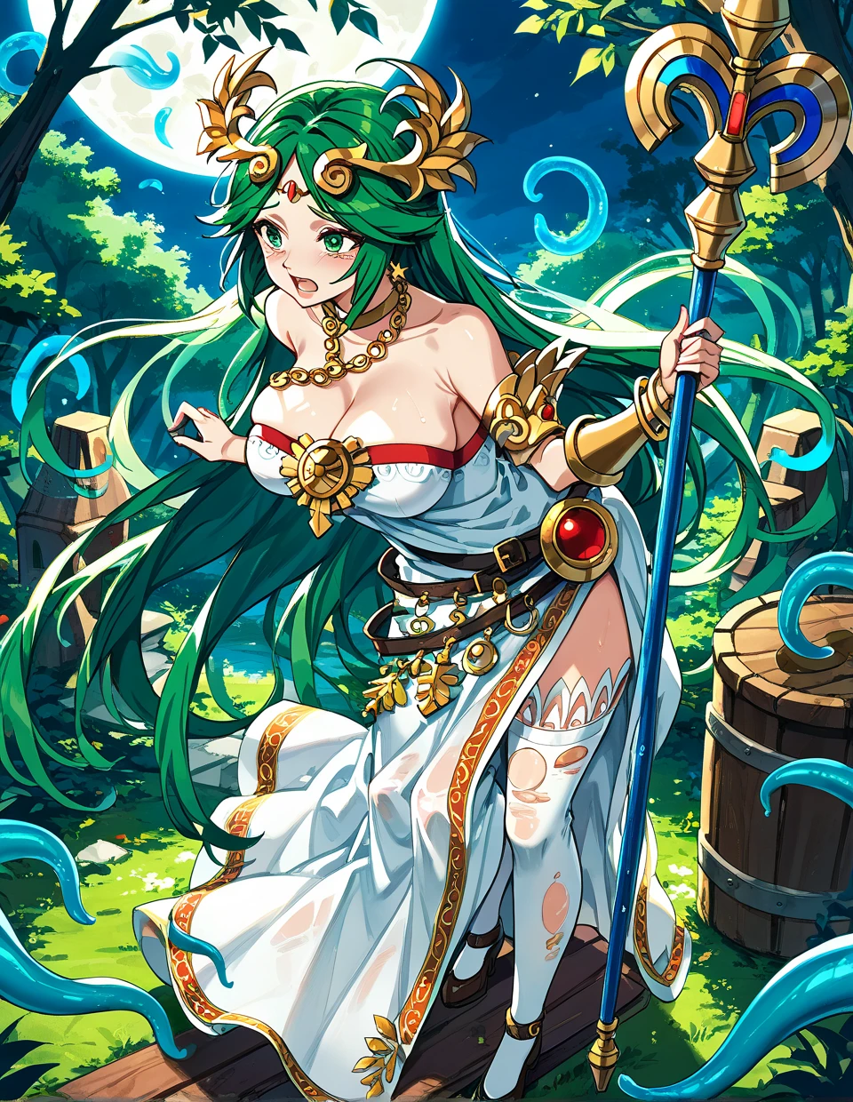 Tarot cards, High Priestess, Goddess), art, Alphonse Mucha, symbolizing their desire for guidance. Ursala's gaze is both kind and assessing, conveying her strategic patience in granting her blessing for a successful hunt. a with green hair, praying, standing amidst flaming fox-shaped fireballs, Japanese-style dress, yokai , devil horns