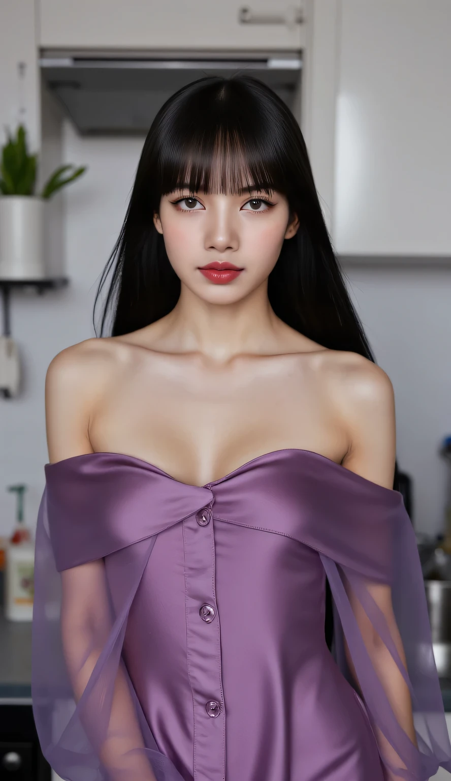 a woman, just woke up , standing in the kitchen, front facing, long nightgown in transparent purple satin material, Big , red lips, black hair