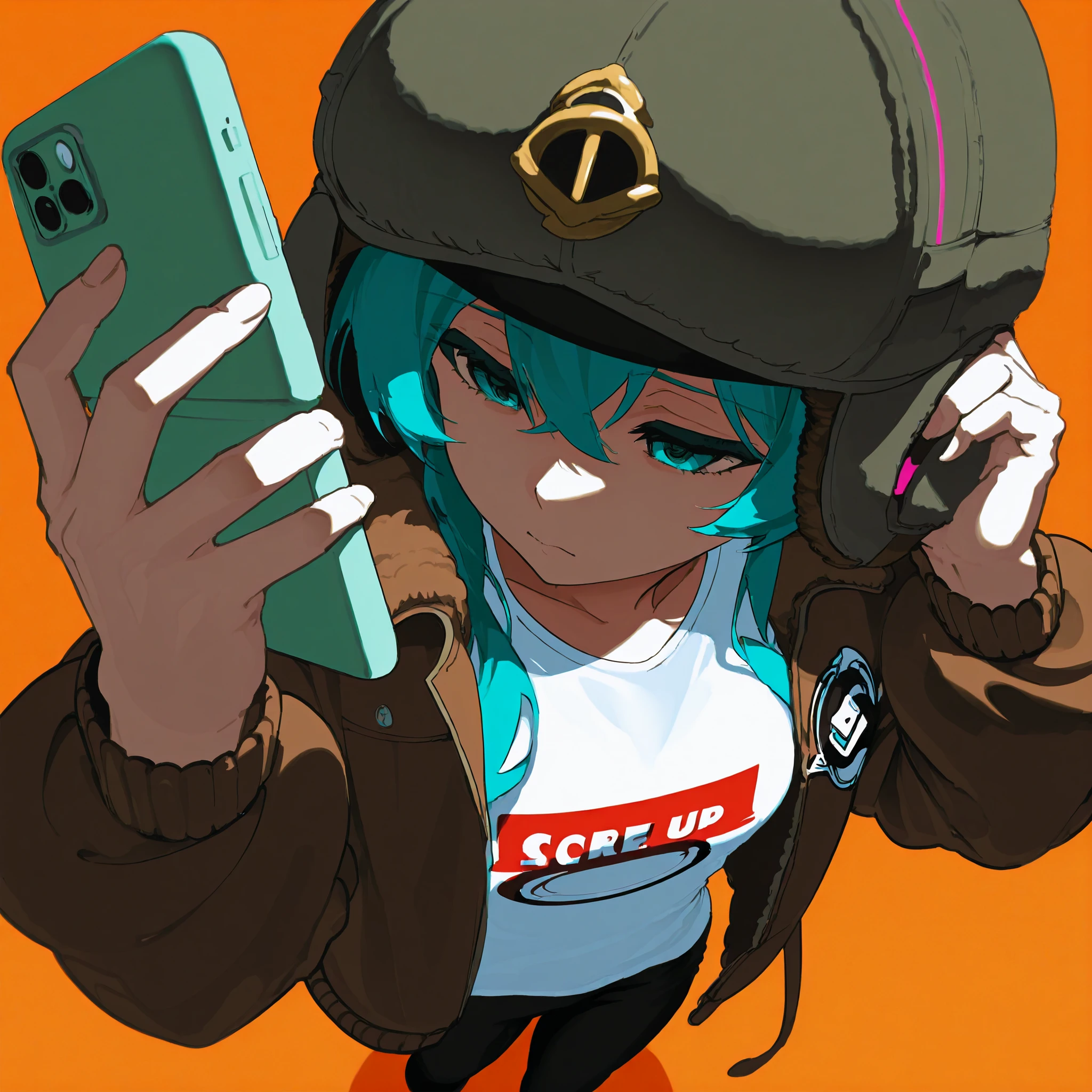 Hatsune Miku musical album logo with tight white t-shirt, Wide black jean, with bomber cap, aviator jacket , holding a cell phone, with a sad expression and dark circles, different perspective from above, posing in an exaggerated way, Orange background 